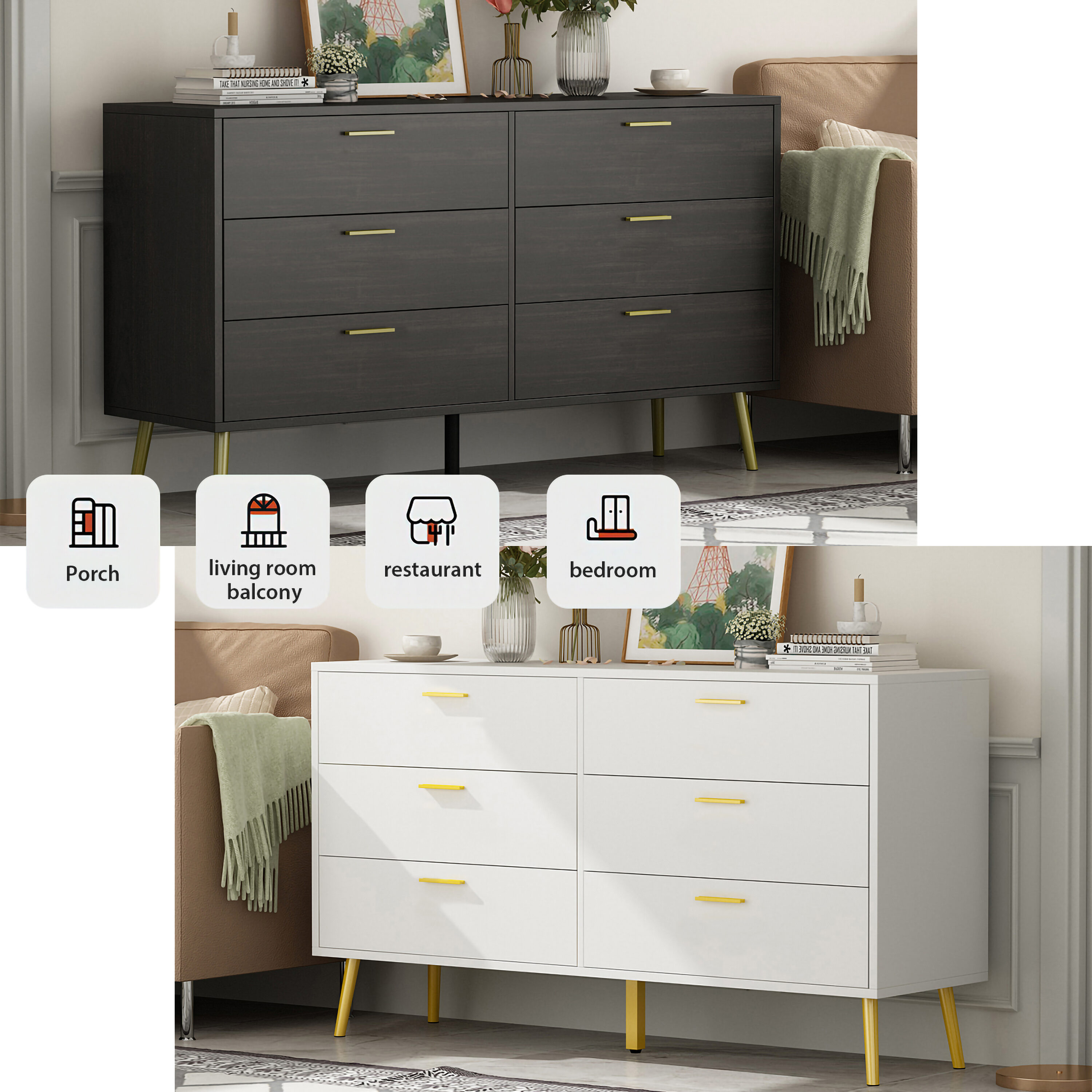 FUFU&GAGA Contemporary 6-Drawer Double Dresser With Gold-Tone Pulls ...