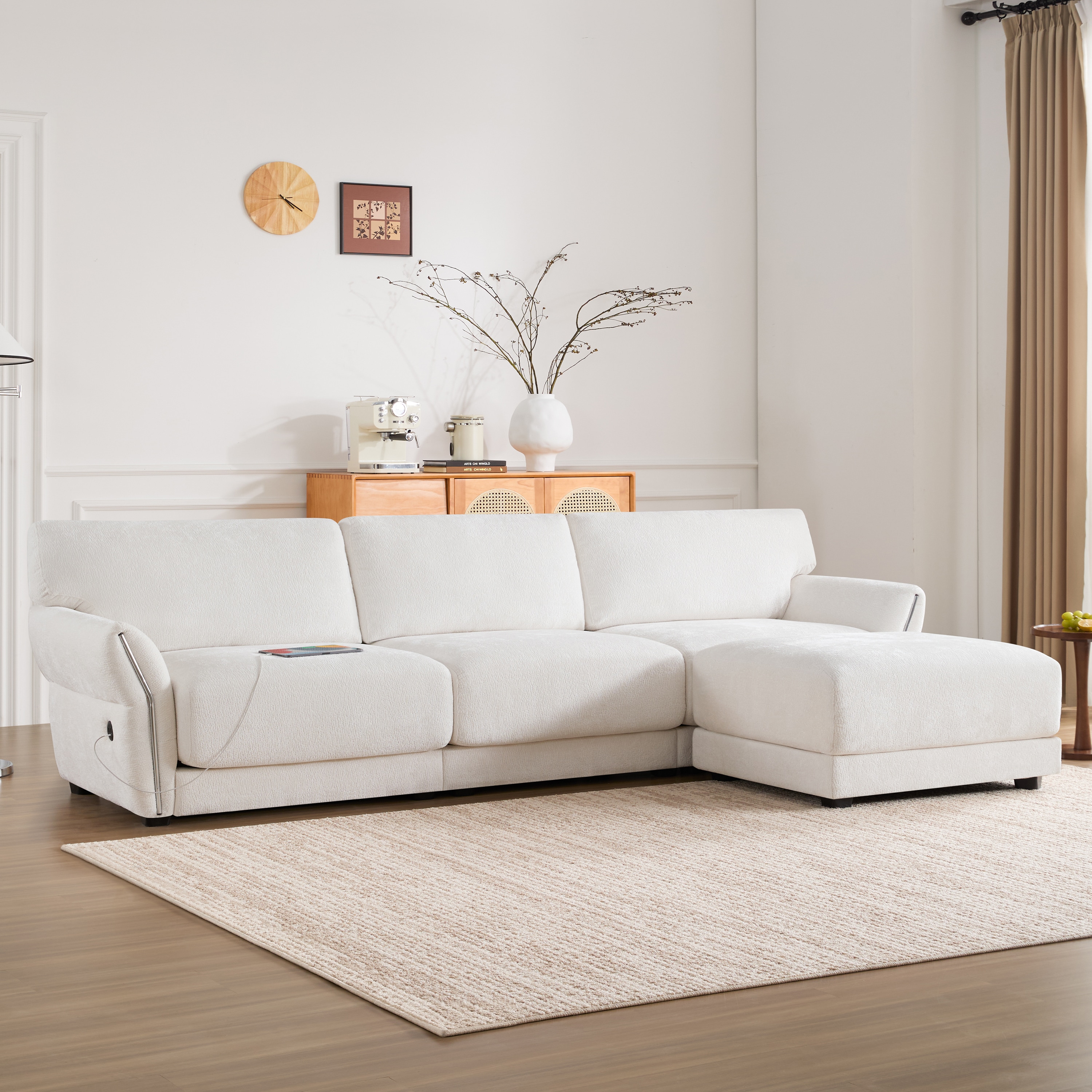 ModernLuxe N723S7038K Modular Sectional Sofa LShape with ExtraWide Seat Cushion USB and TypeC Charger Petal Armrest Design High Density Foam Free Movement Ottoman Wood Frame Chenille 4 Seat 3 Colors