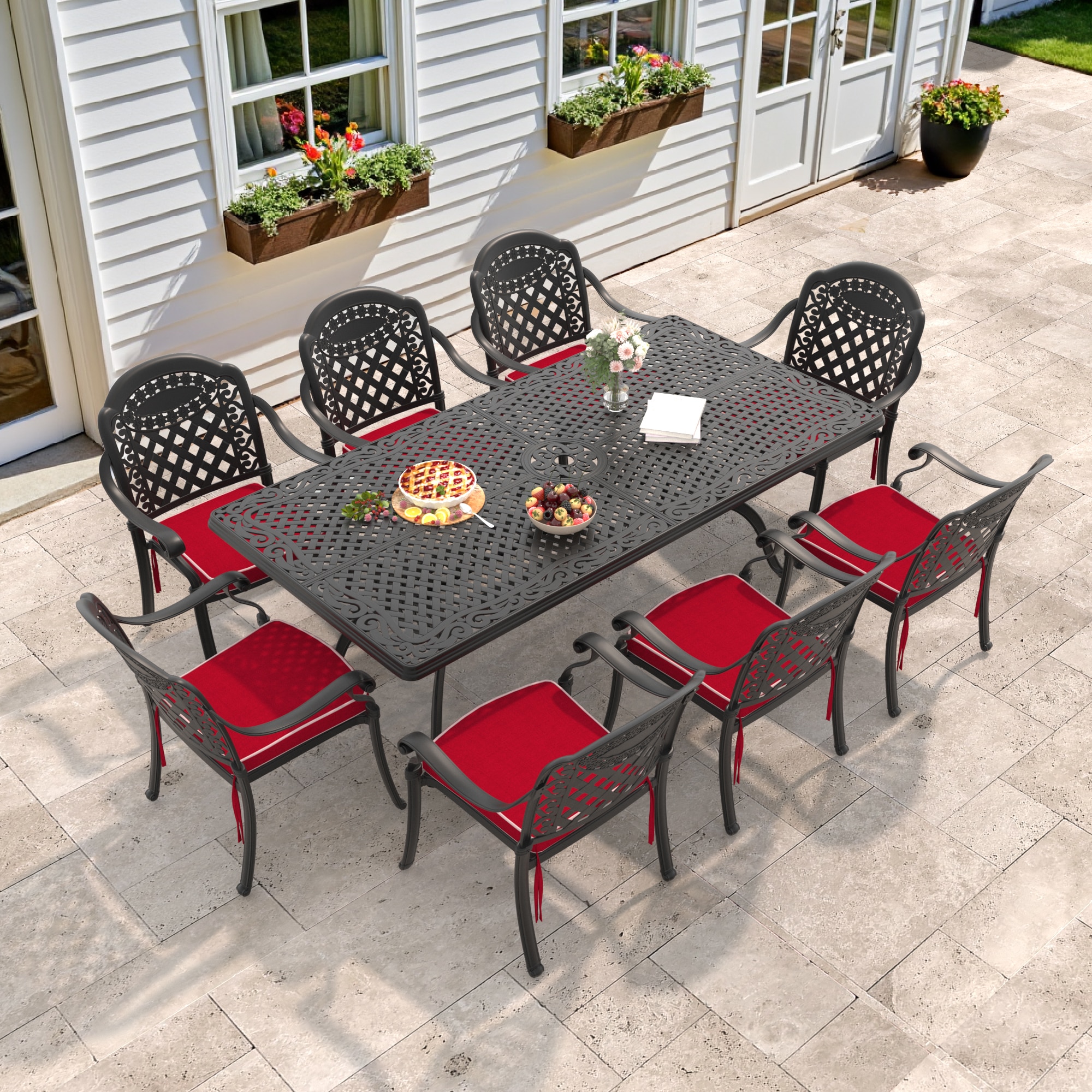 nicesure SLBK6008CZ8A1175RC 9 -Piece Black Patio Dining Set Aluminum Rectangle Table with 8 Cushions Stackable Stationary Chairs