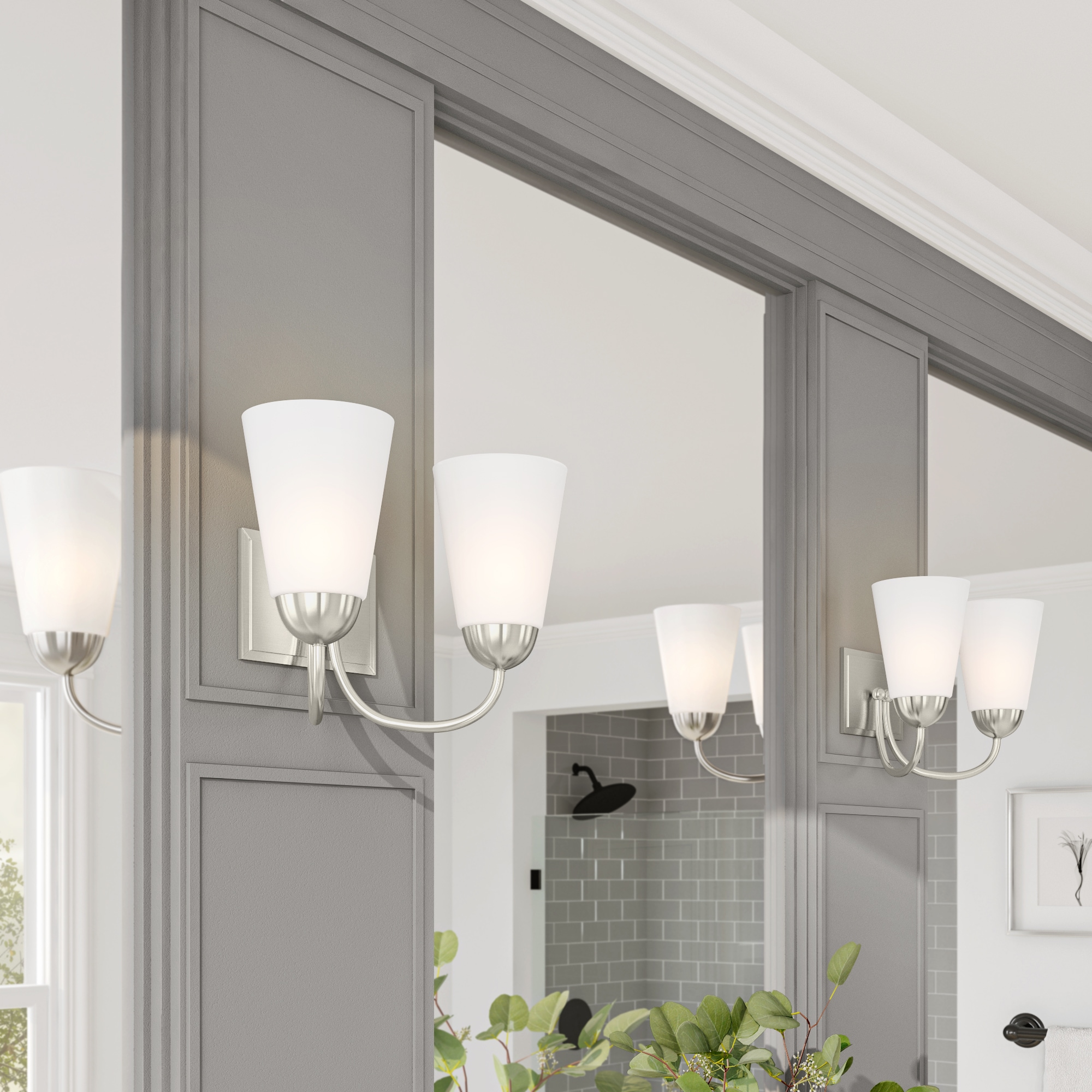 Brushed Nickel 2-Light Dimmable Wall Sconce with Frosted Glass Shades