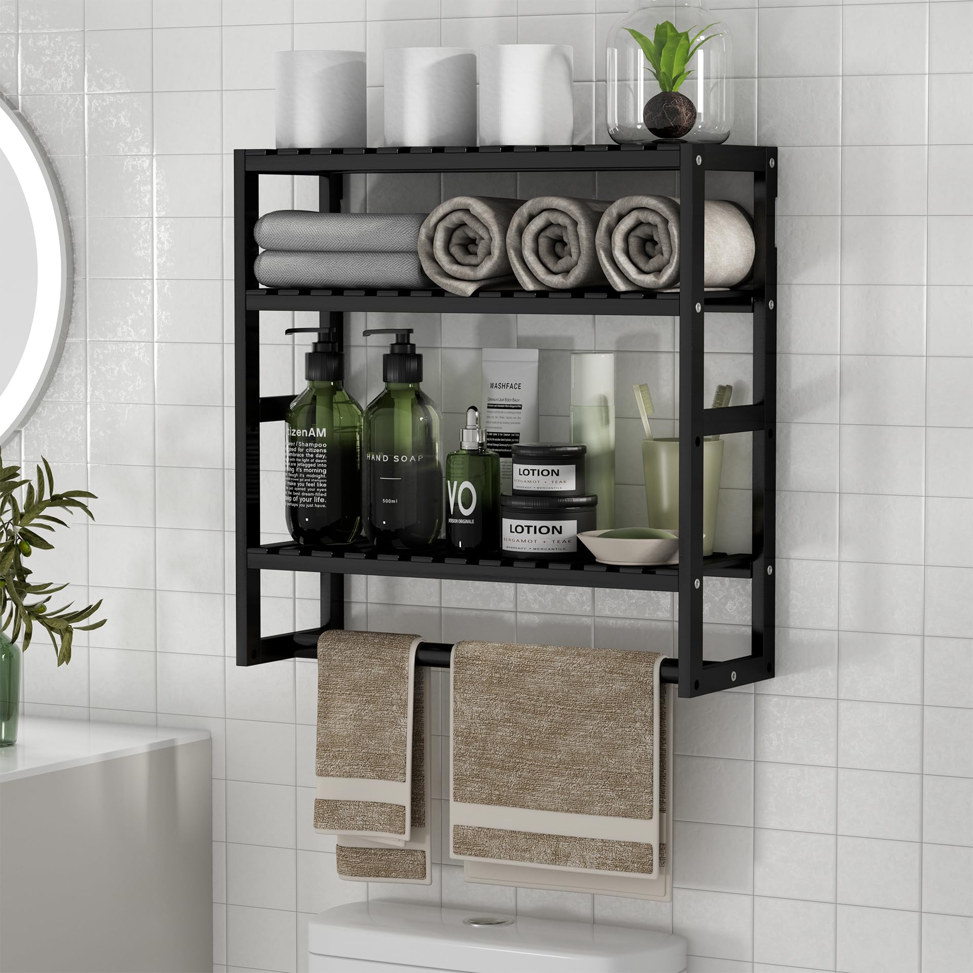 LAIFUCAM  Bathroom Storage Shelf Over The Toilet with Towel Bar Adjustable Bamboo Floating Shelf for Small Space Kitchen Multi Usage 1 pack