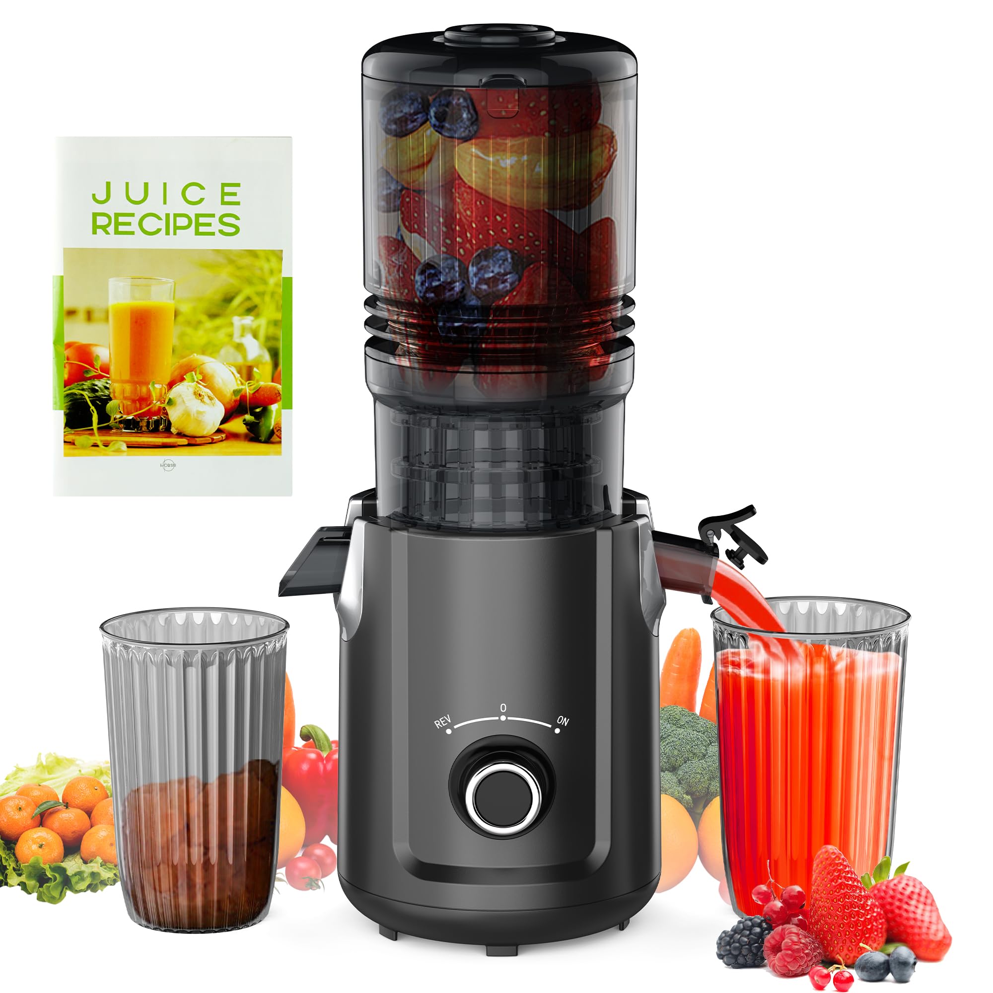 LILILIAN FMY Cold Press Juicer Machine 5.3-Inch Wide Feed Chute 300W Slow Masticating Juicer for Vegetables and Fruits Easy to Clean Black #LRO0821E784