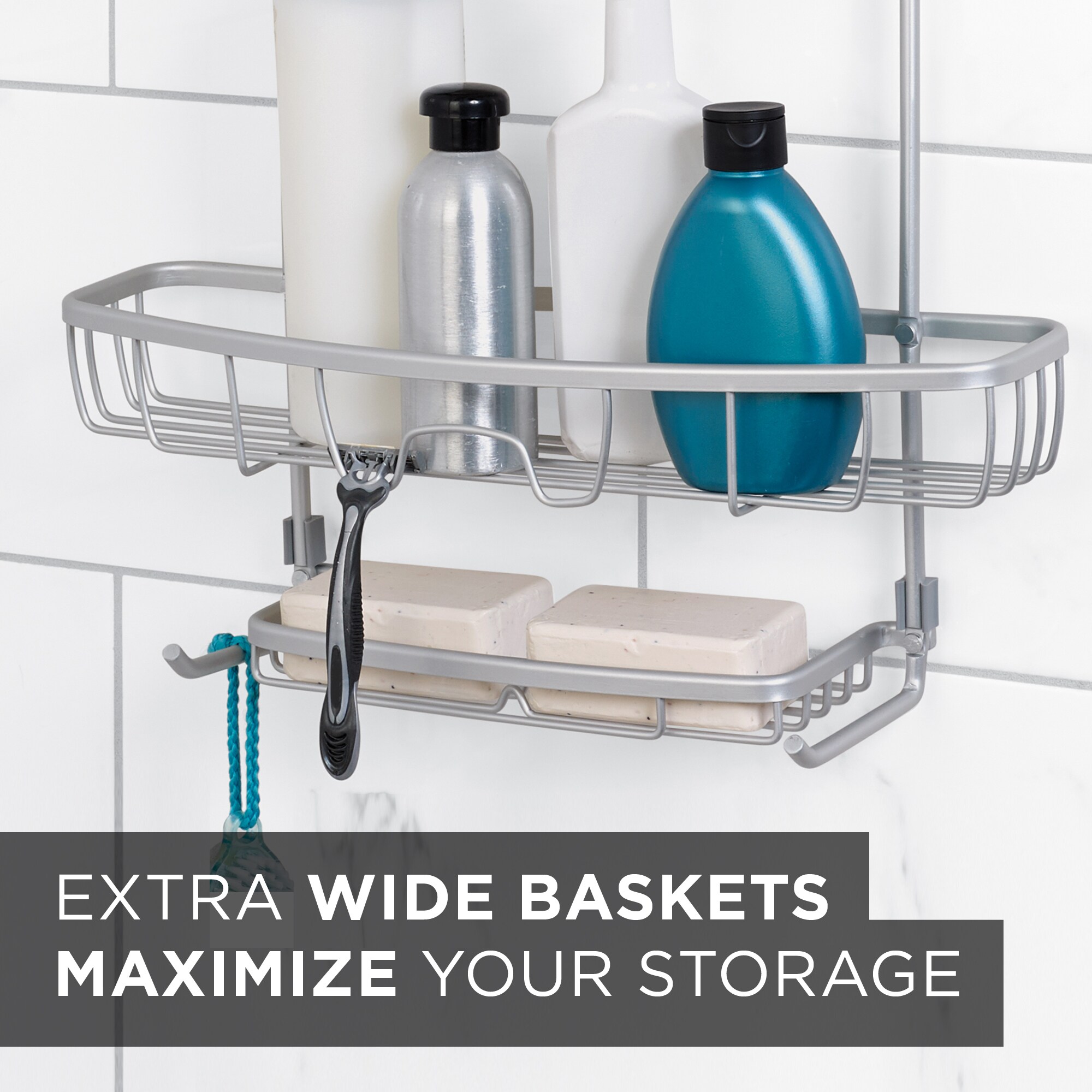 Zenna Home Bathroom Organizer Shower Caddy or Storage for Kitchen, Pantry,  Closet, Kids Toys, with 2 Baskets and 3 Hooks, Adjustable Tension Rod, No