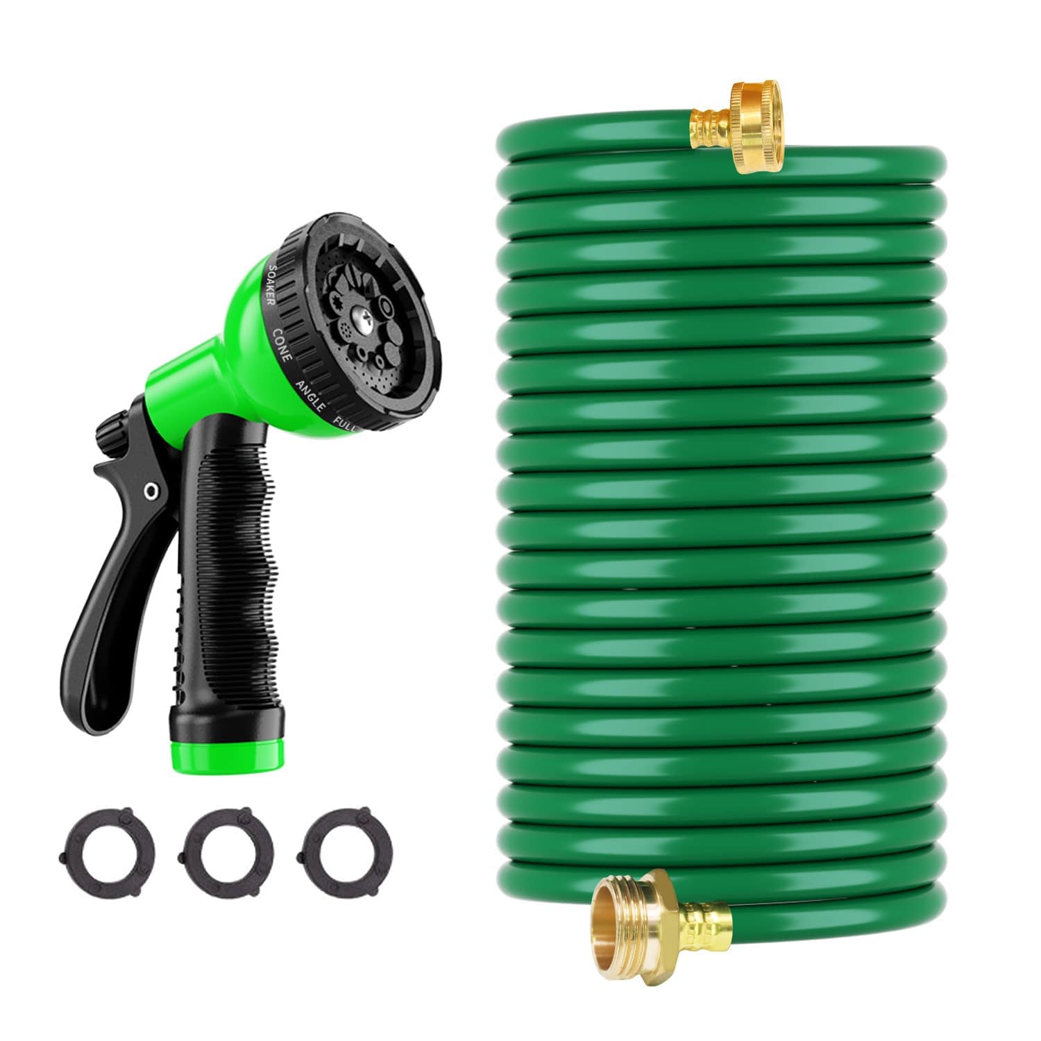 GardenJoy - 3/4 in x 25 ft EVA Coiled Garden Hose with 10 Function Spray Nozzle Green Lightweight...
