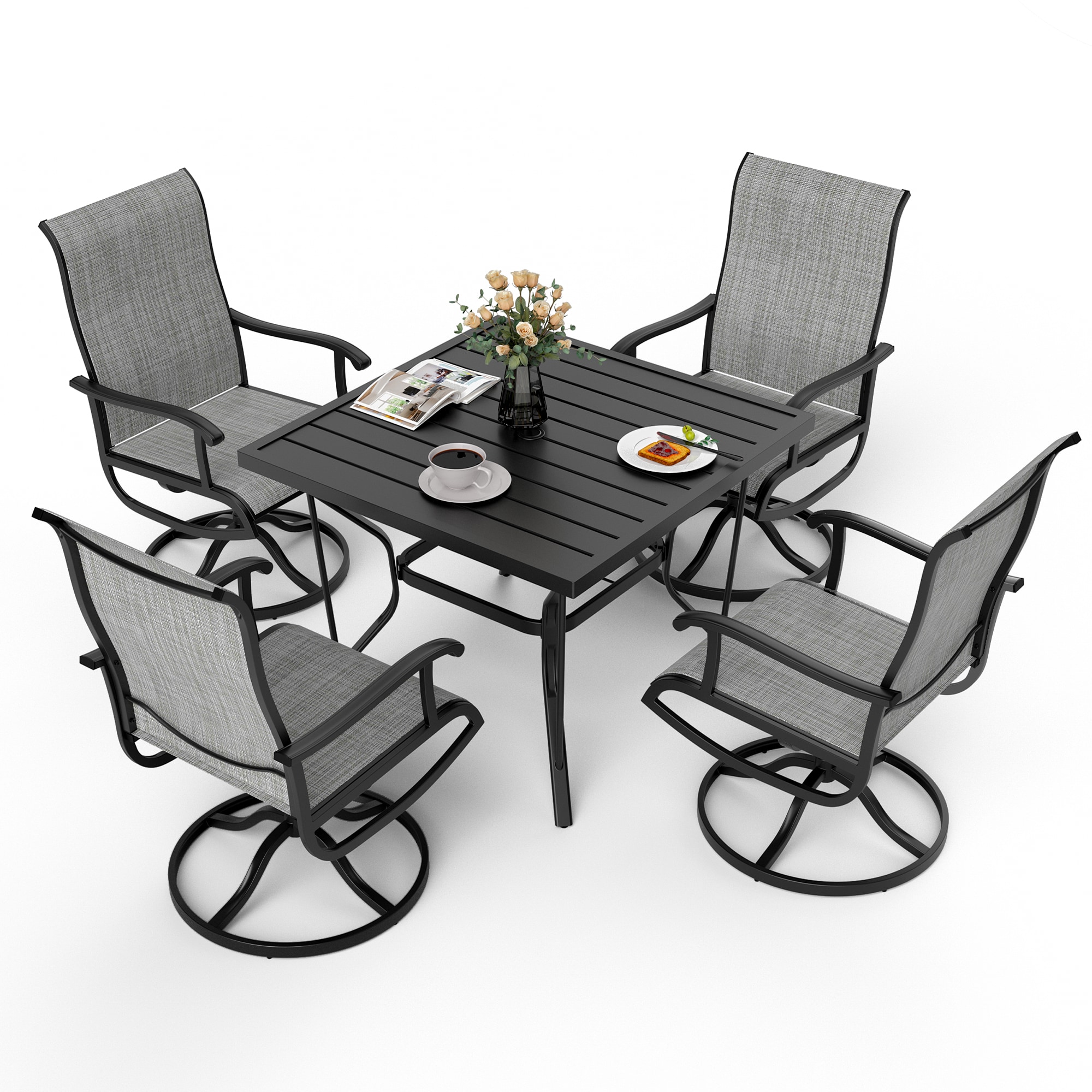 PamaPic TS-CZ-ZY-5JT-G-WL1 5 -Piece Black Patio Dining Set Iron Square Table with 4 Gray Swivel Chairs