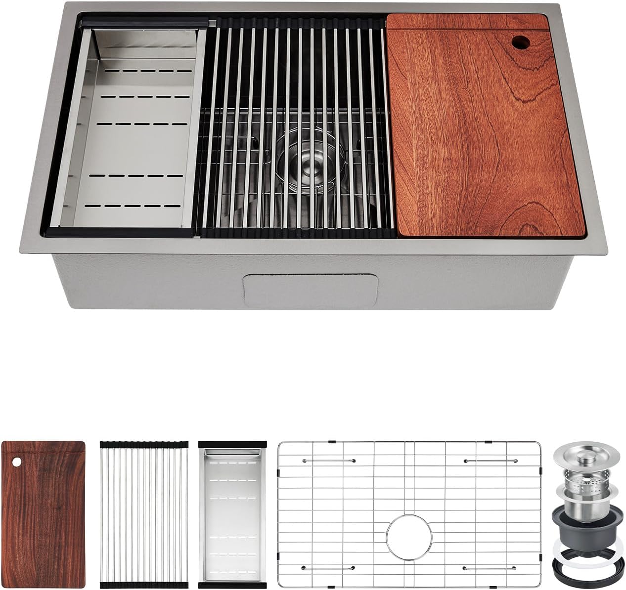 GAOMON 32x19in Undermount Kitchen Sink 16 Gauge 304 Stainless Steel 10in Deep Single Bowl Workstation with Accessories X-Drain Sound Dampening Modern Countertop Sink