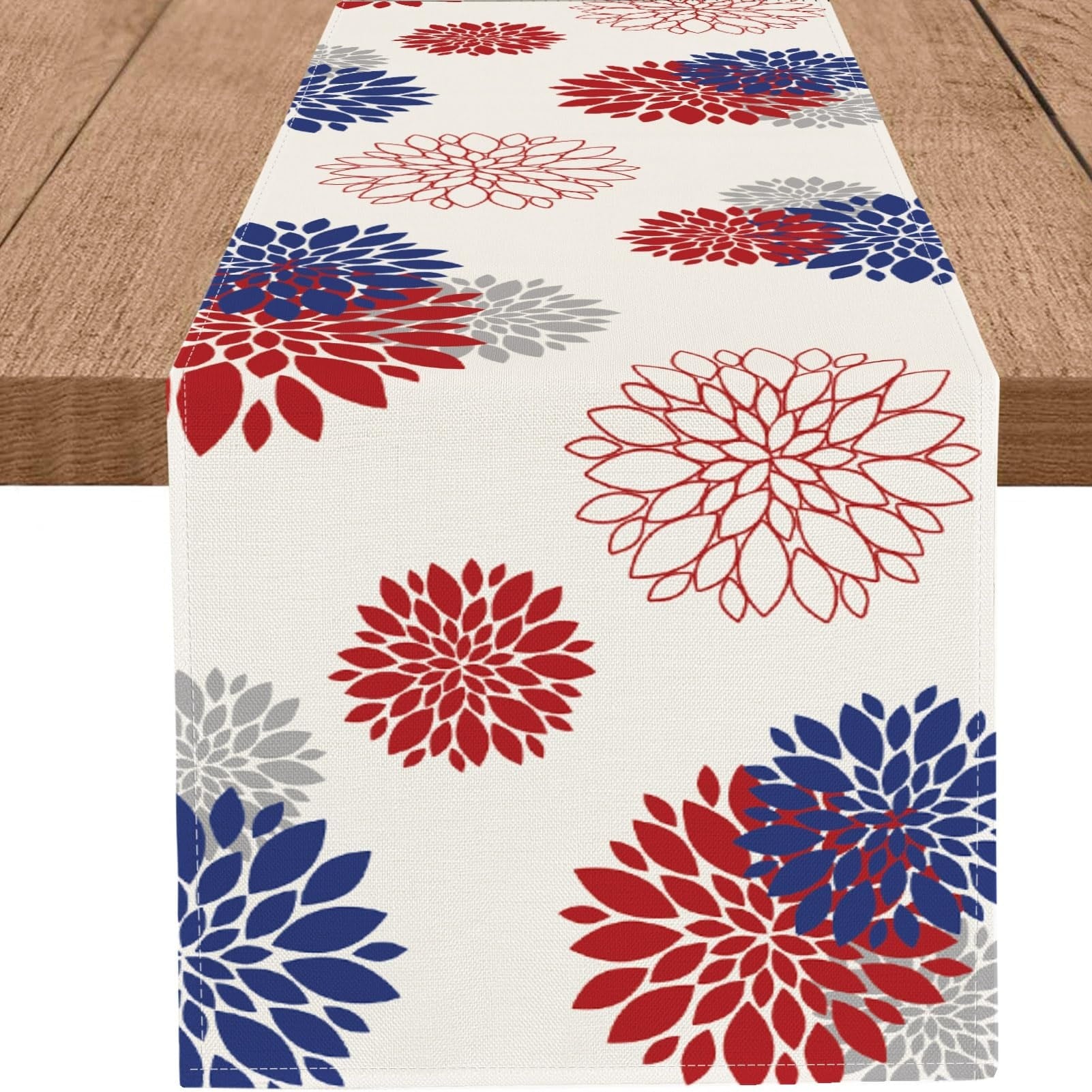 Phewnyzo 4th of July Table Runner 13 x 48 Inch God Bless America Blue Red Grey Dahlia Flower Memorial Day Centerpiece Decor for Dining Party Home #LPW0519W017