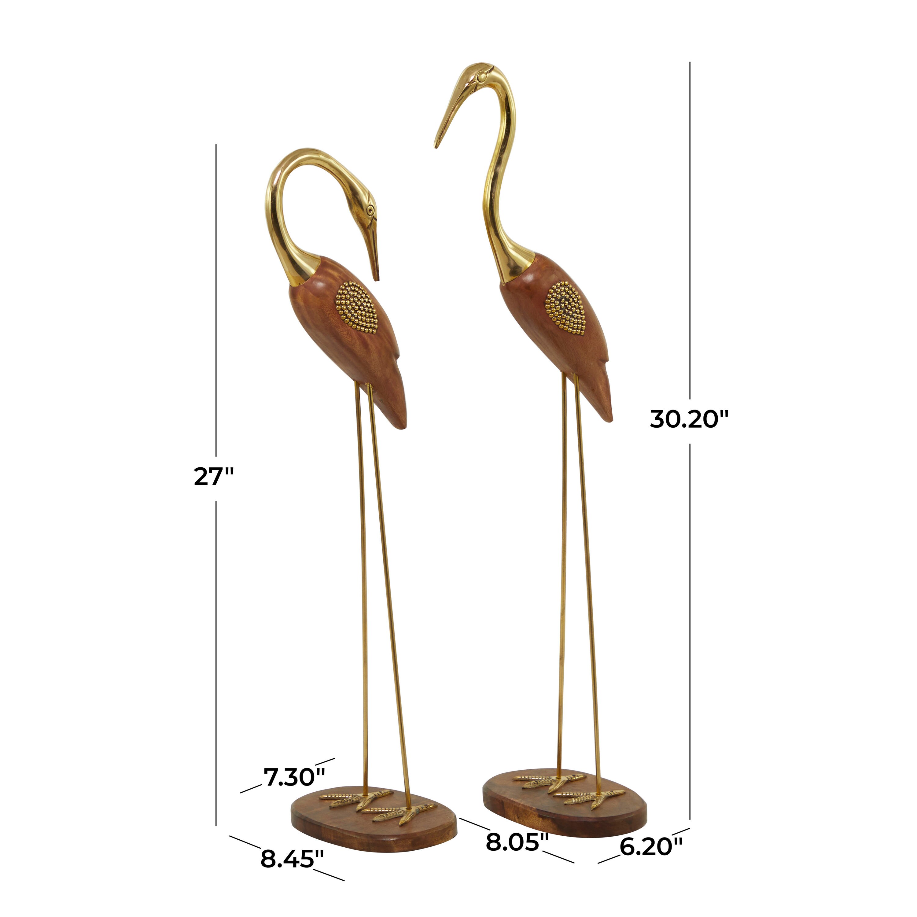 Gold and Wood Standing Egret Sculptures with Beaded Accents, 27"H