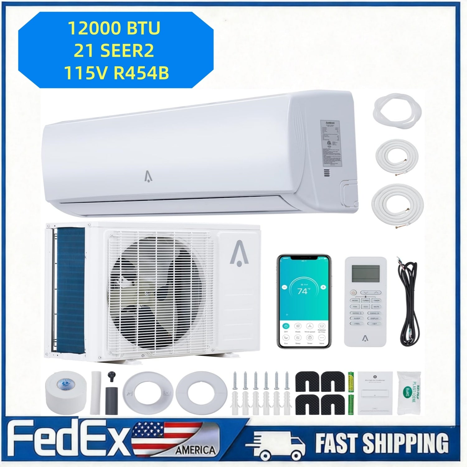 Garvee 12000 BTU 21 SEER2 Wi-Fi Ductless Mini-Split Air Conditioner and Heat Pump 115V Inverter System with Alexa Compatibility Wall-Mounted Unit Cools and Heats Up to 750 sq ft Installation Kit Included