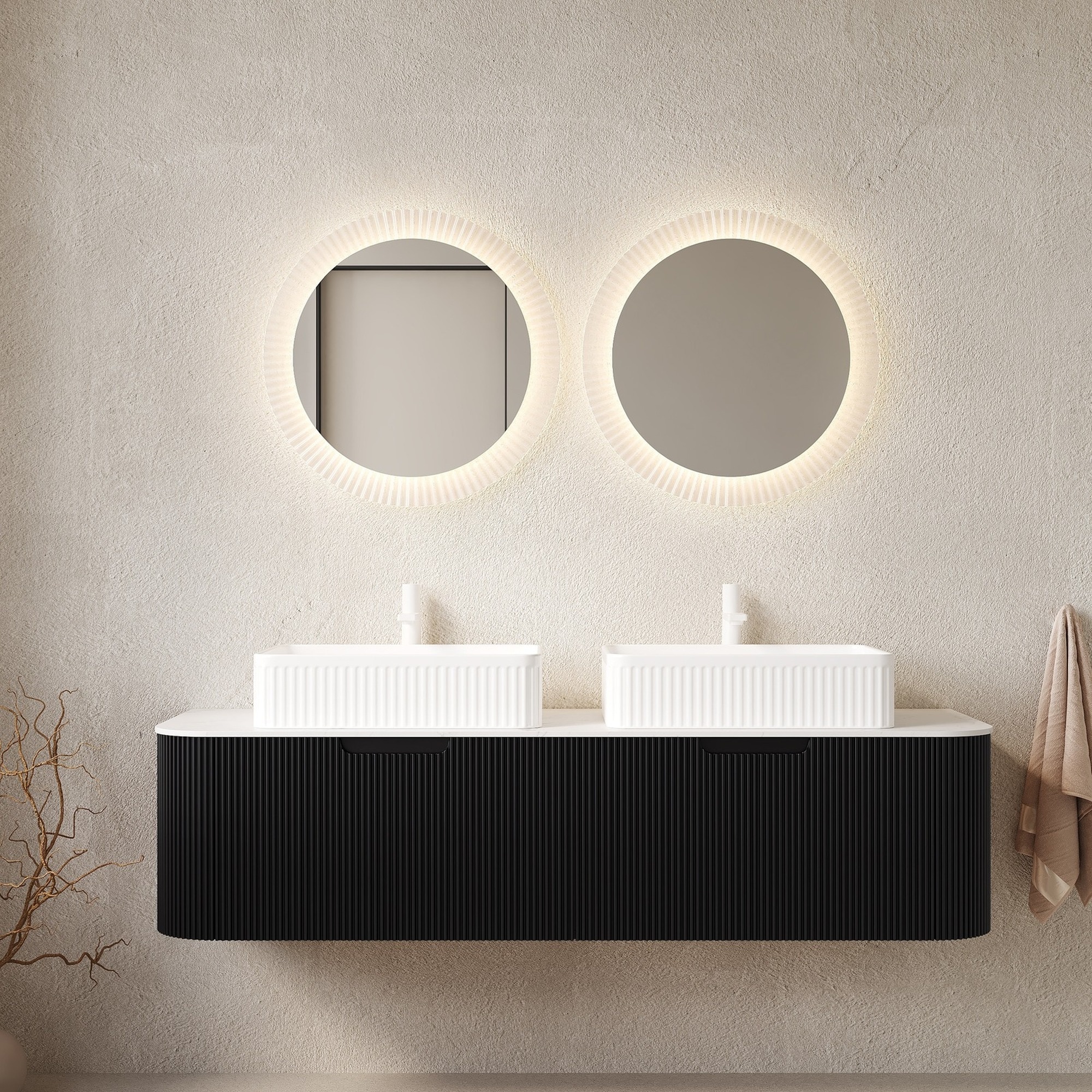 IAK - 60 inch Black Floating Curved Edges Striped Plywood Bathroom Vanity with 2 Drawers and 2 Wh...