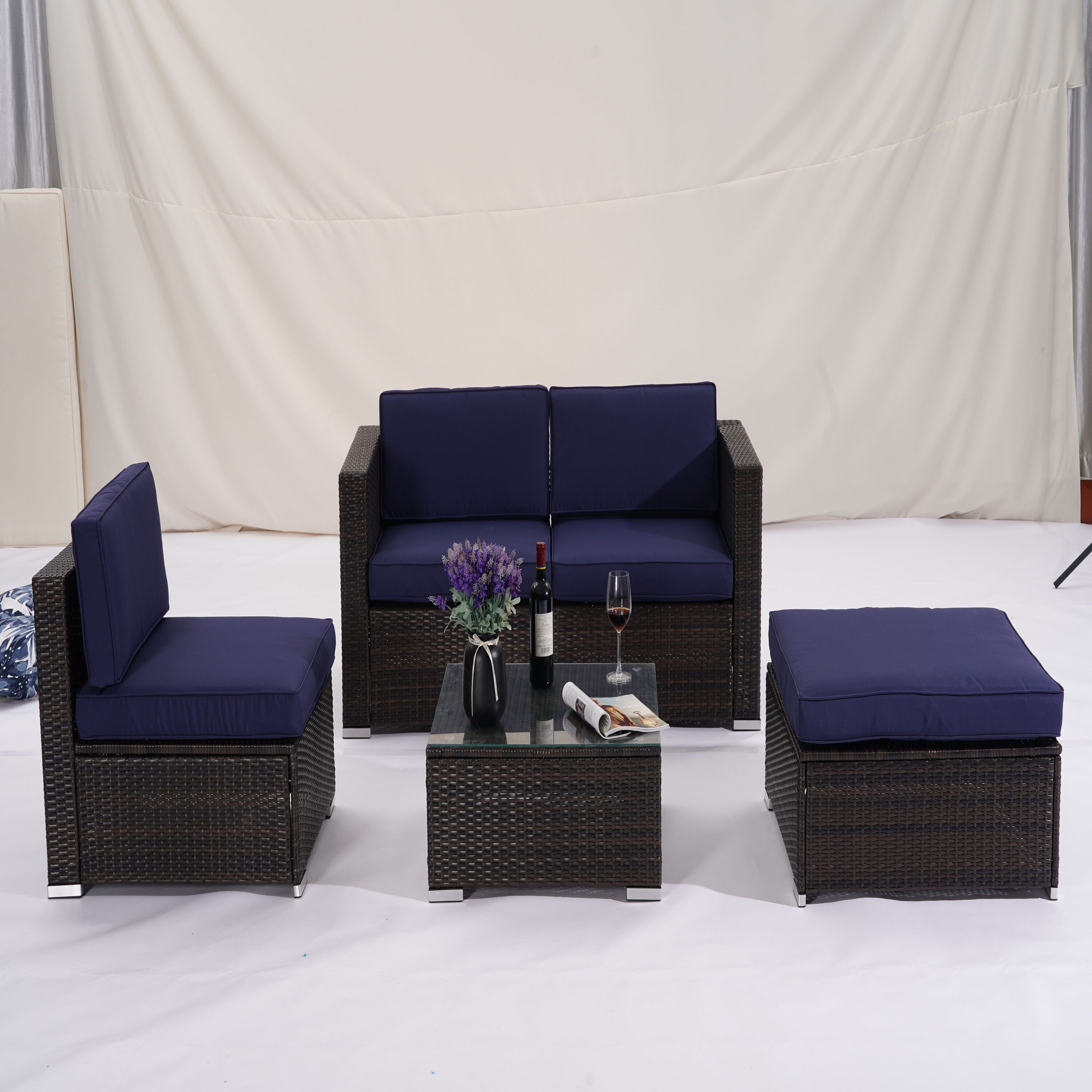 Flynama SM-V-KF-SF325NY 5-Piece Wicker Outdoor Patio Conversation Set with Navy Blue Cushions