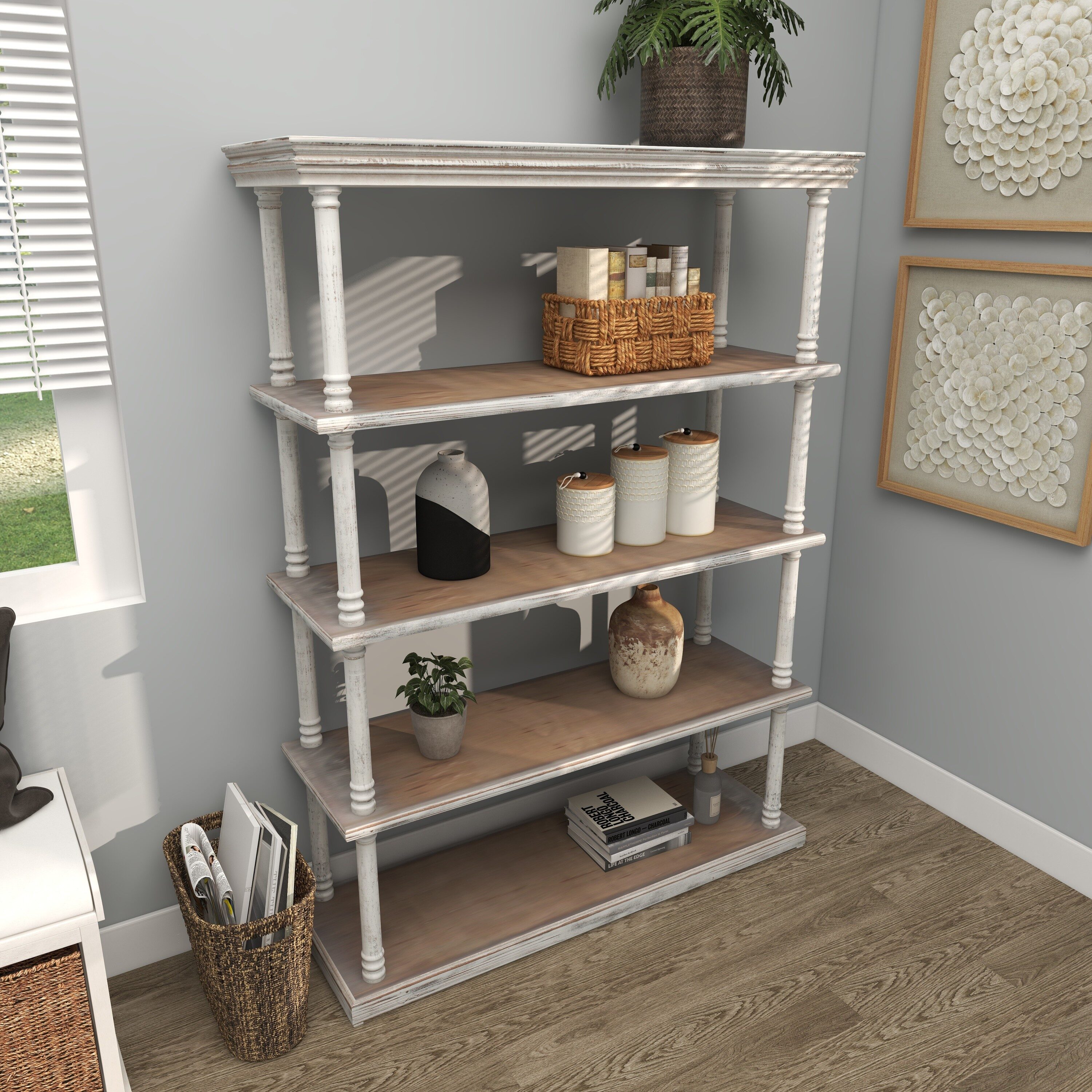 Rustic White and Brown Wood 5-Tier Shelving Unit