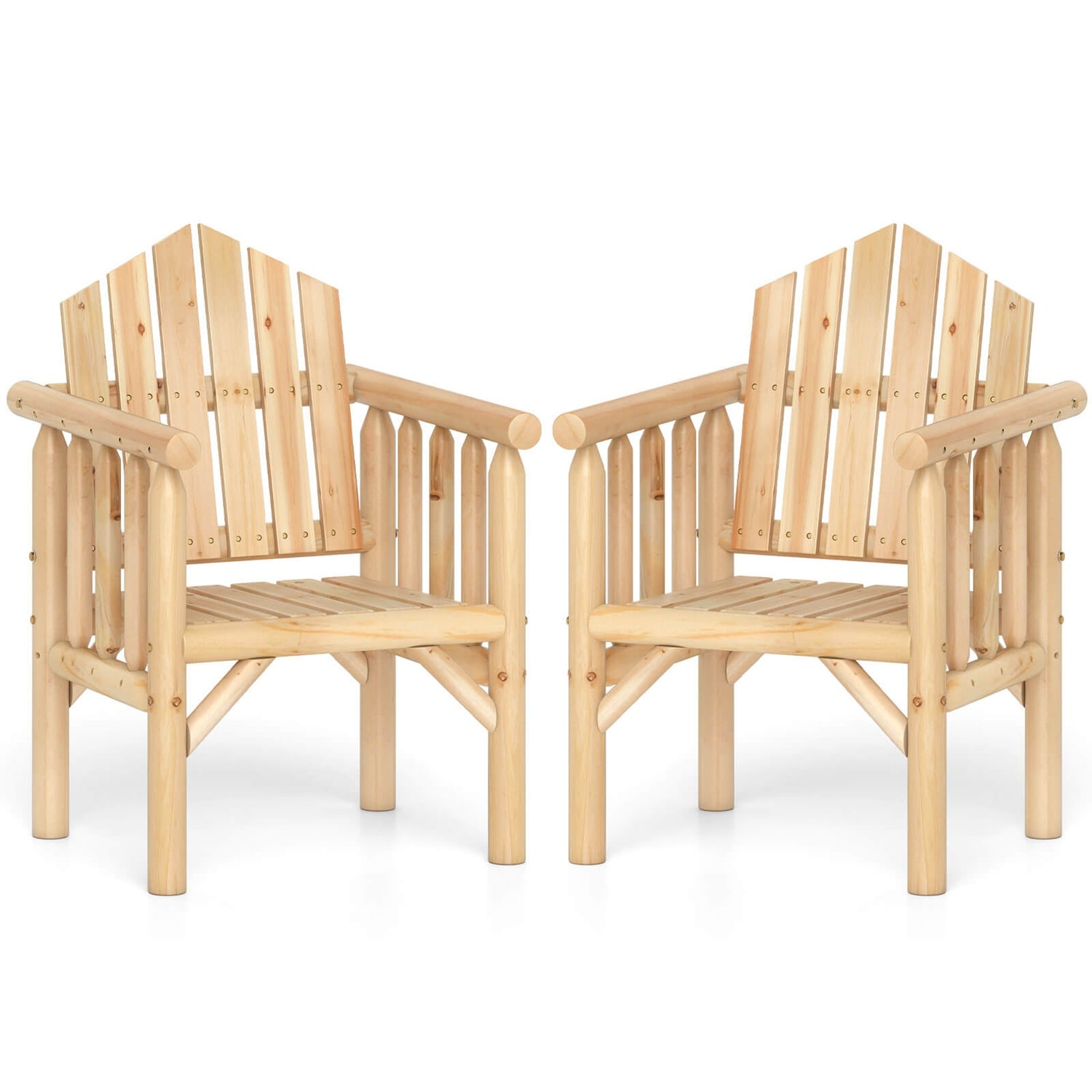 Costway CSHY001836 2 PCS Outdoor Wood Armchair with Armrests and Reclined High Backrest for Porch Natural