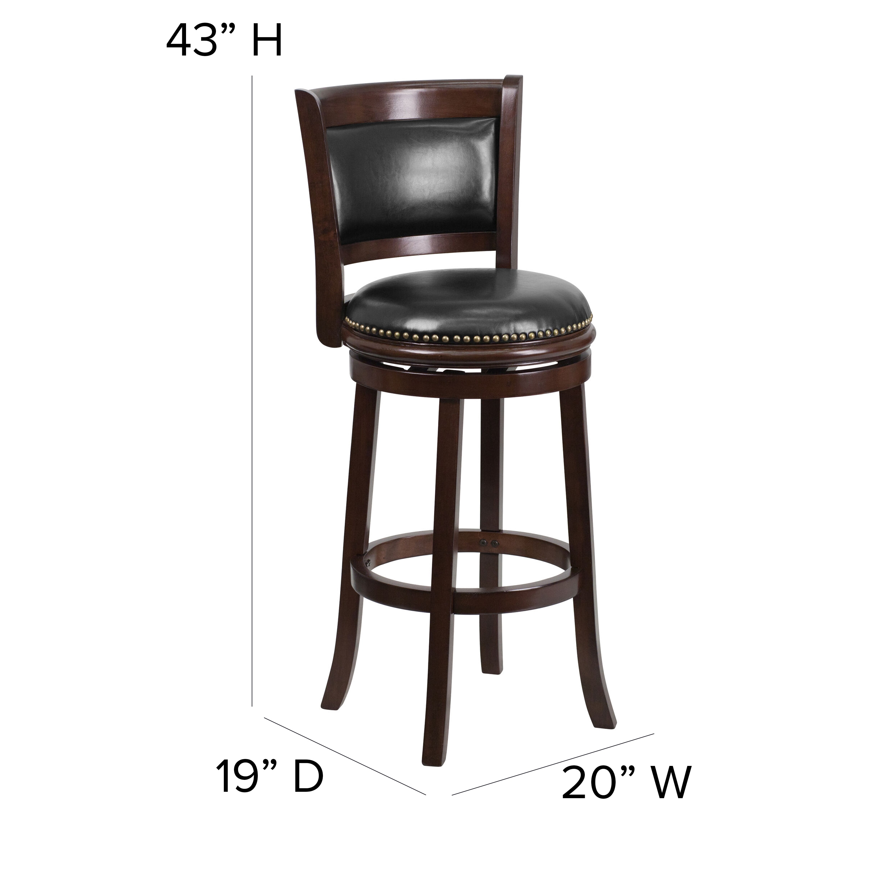 Elegant 43'' Black Leather and Cappuccino Wood Swivel Barstool
