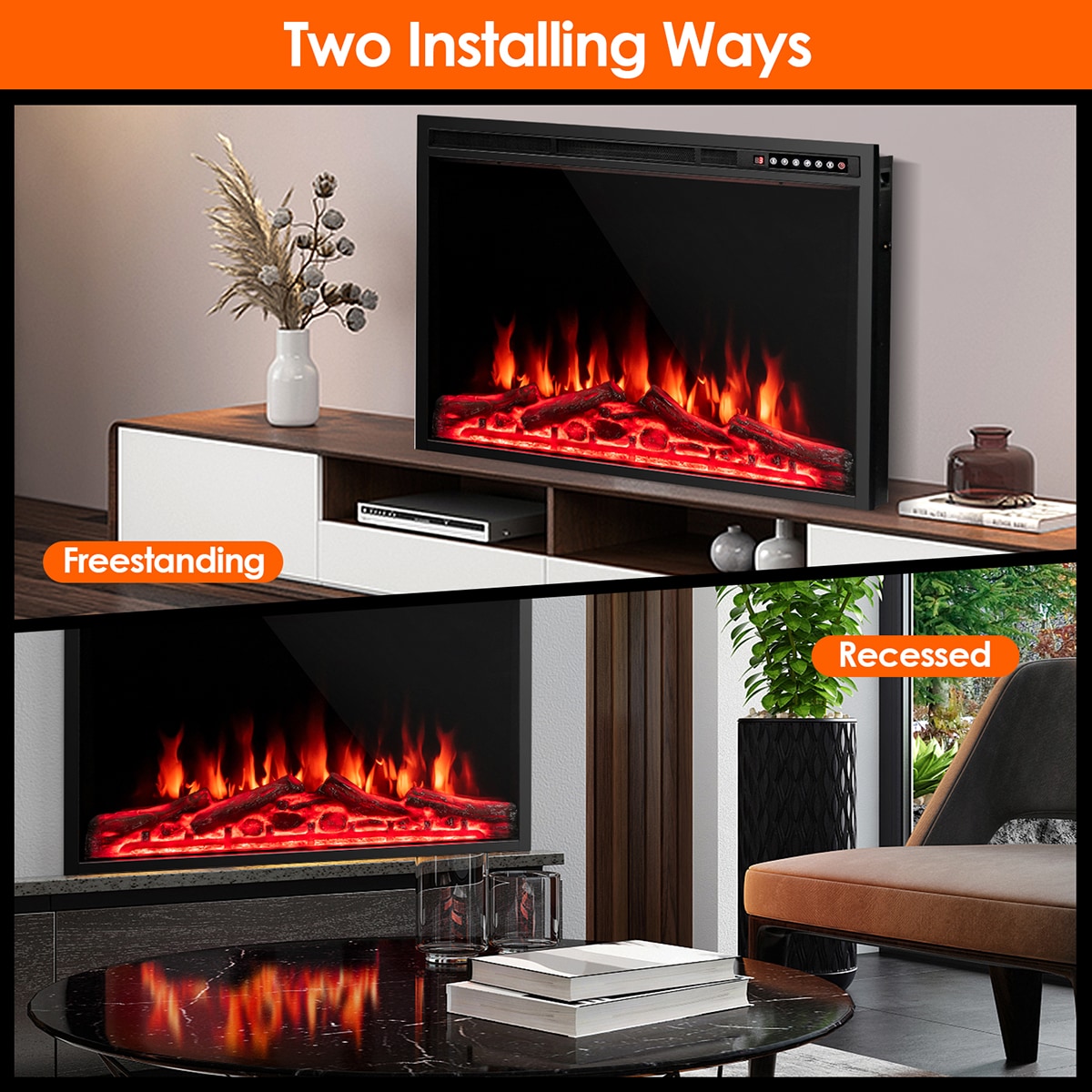 Clihome 37-in W Black Fan-forced Wall-mount Electric Fireplace with ...