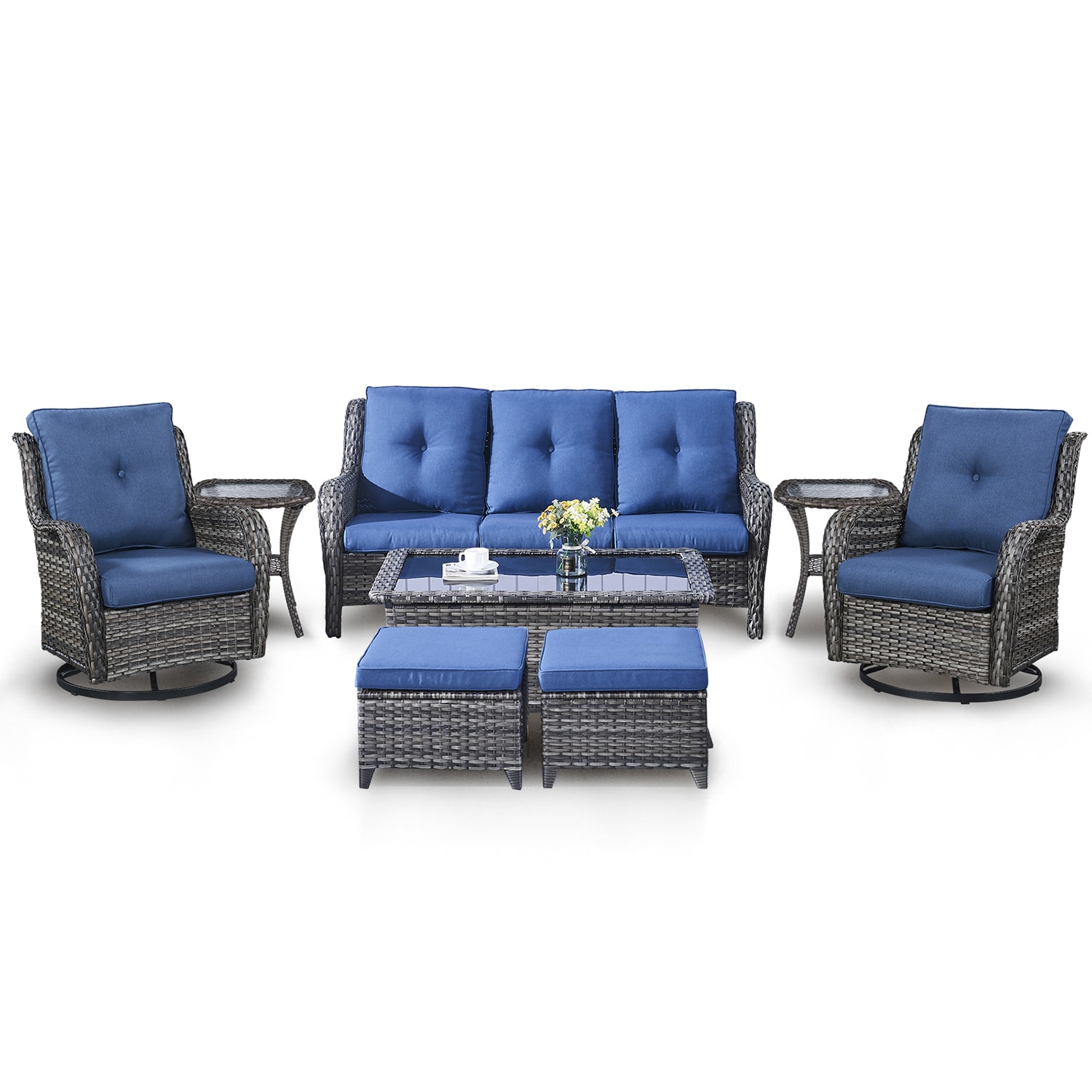 Rilyson FS1519026X2024016-1 Curved Handrail 8 -Piece Wicker Patio Sofa Conversation Set with Blue Cushions
