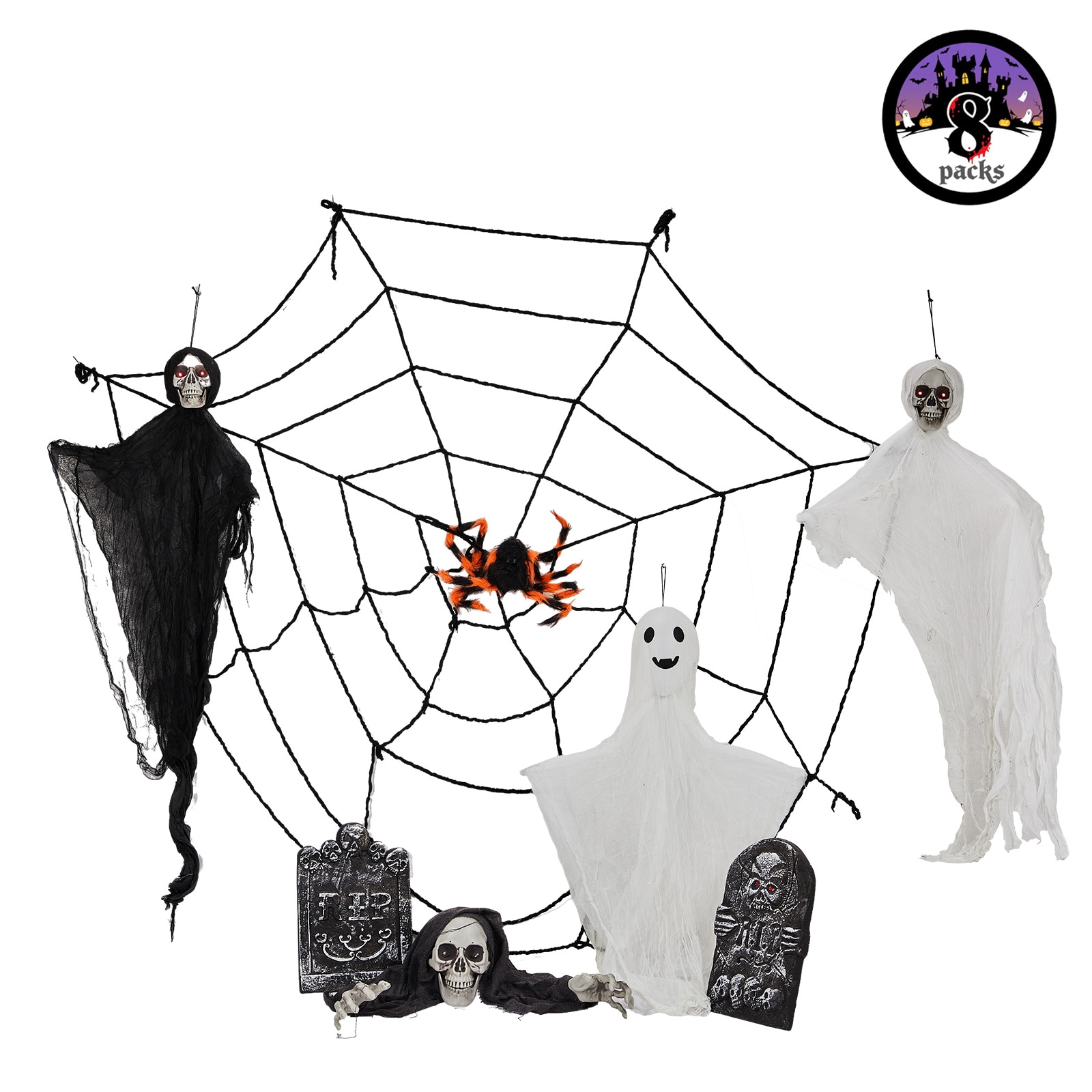 VINGLI Halloween Hanging Decorations Flying Skeleton Reapers Ghosts Spiders and Spider Webs Tombstones with RIP Sign