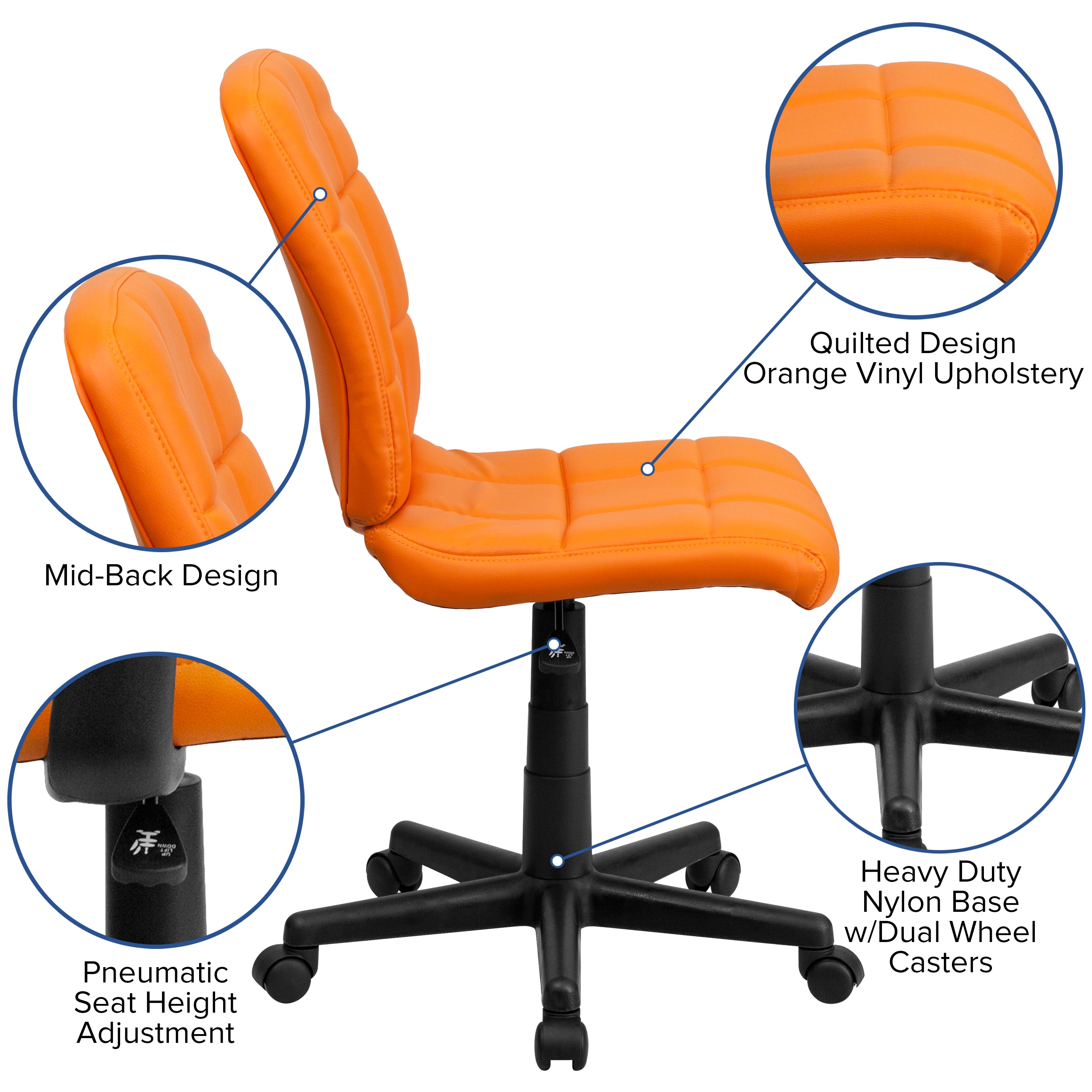 Ergonomic Mid-Back Orange Vinyl Swivel Task Chair