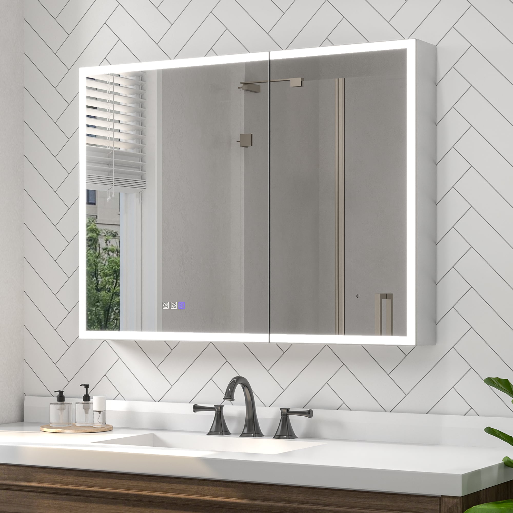 ES-DIY Lighted Medicine Cabinet 40-in x 30-in Lighted LED Fog Free Surface/Recessed Mount Silver Mirrored Rectangle Soft Close Medicine Cabinet with Outlet