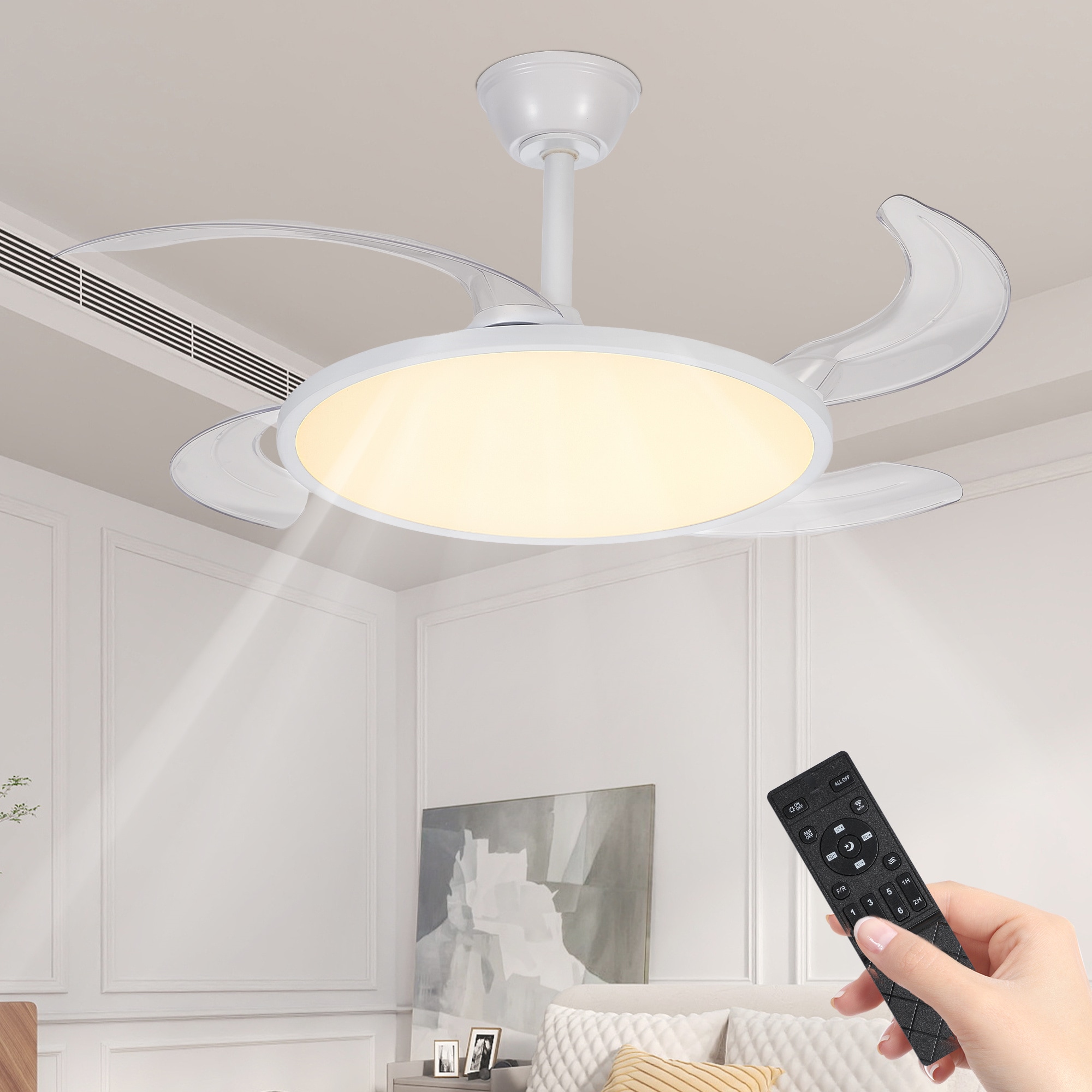 BABOOM BOM-2P15430-OR Retractable Ceiling Fans 42 Color-Changing Integrated LED White with Ceiling Fan With Light - Remote Included ( 4 -Blade )