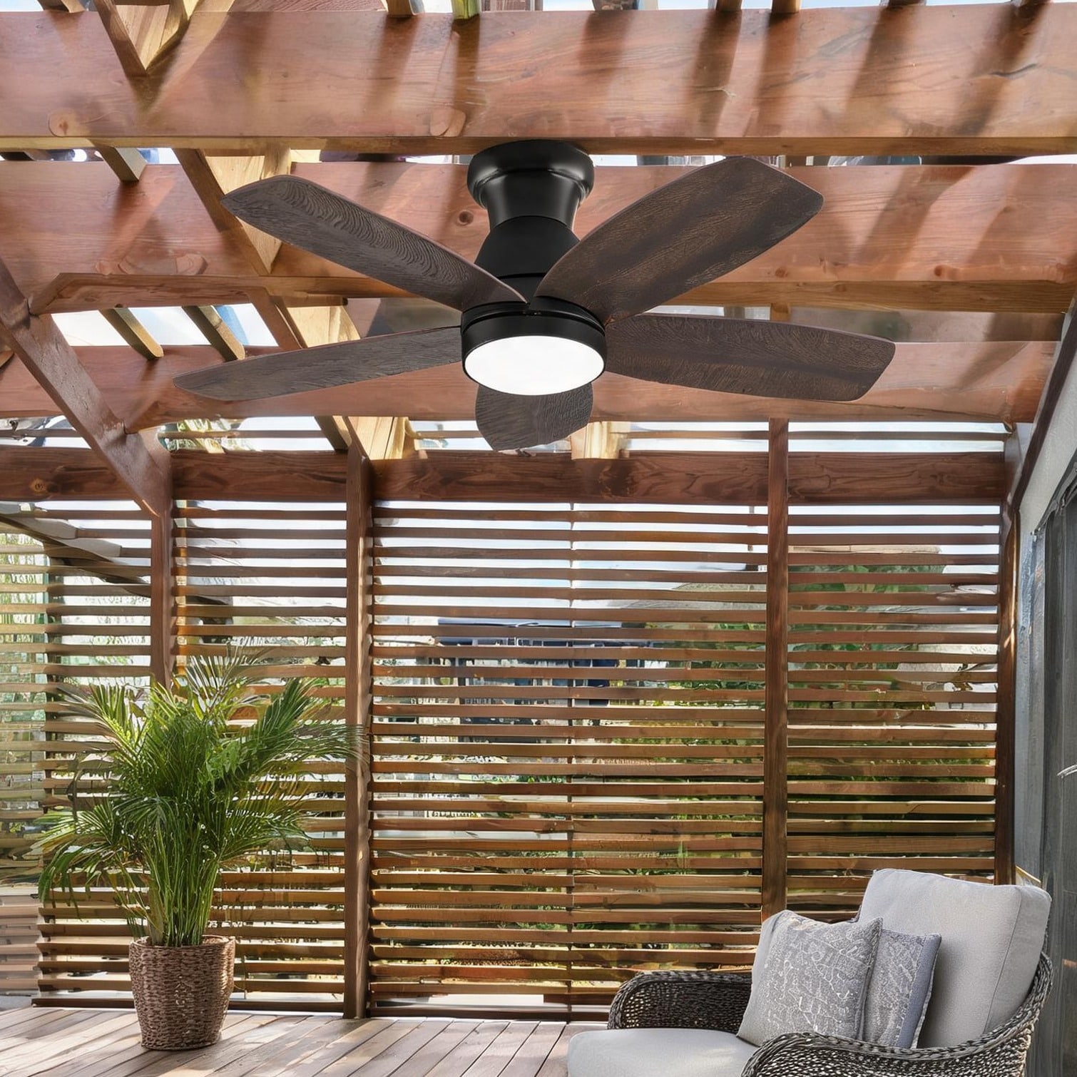 Watnature Indoor 32-Inch Low-Profile Ceiling Fan with Light Classic Black Solid Wood Blades Modern