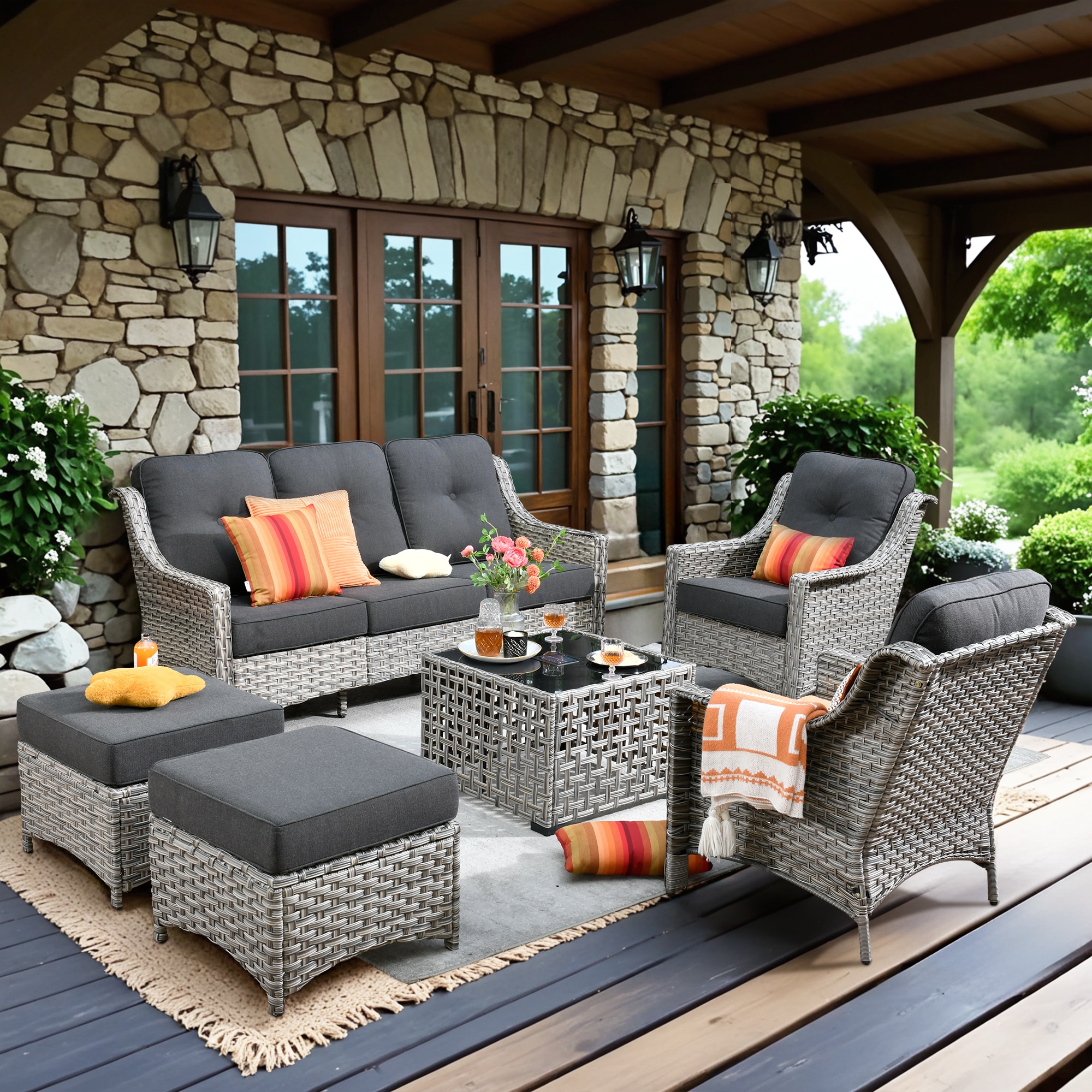 XIZZI XIPAD10064-T Pyrophyllite 6 -Piece Rattan Patio Sofa Conversation Set with Black Cushions