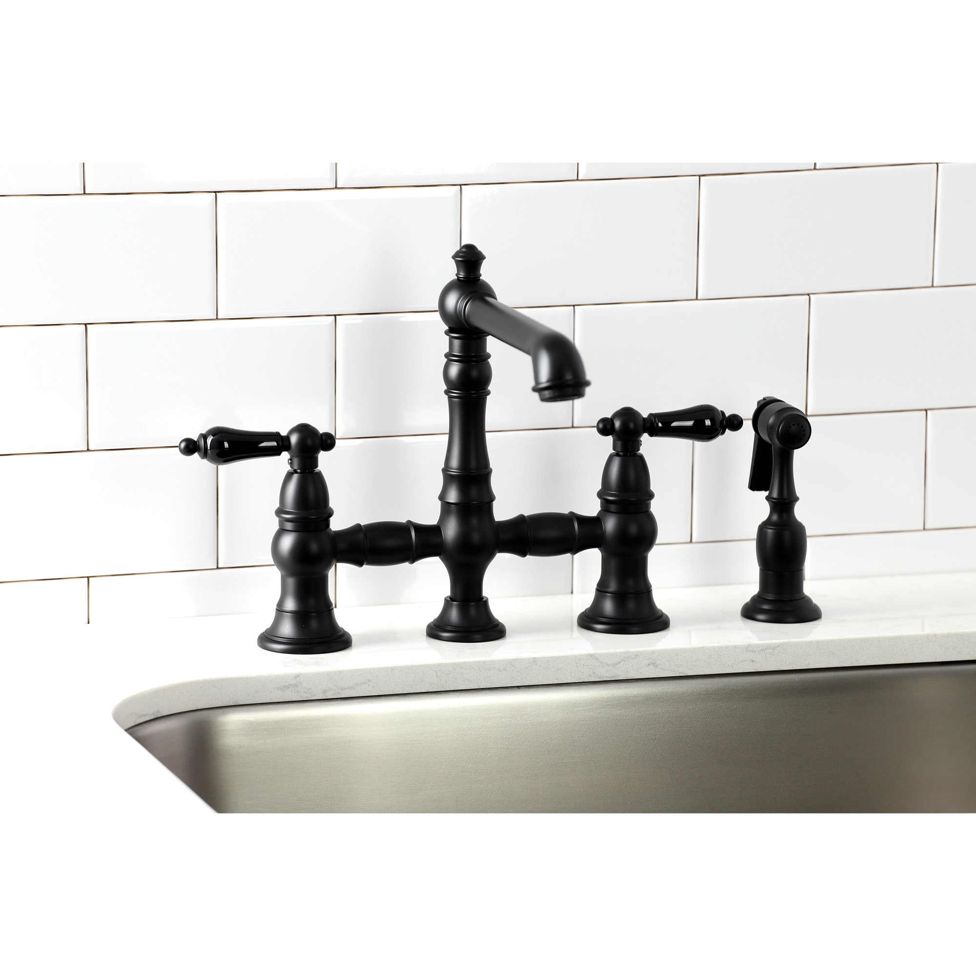 Kingston Brass WLKS7270PKLBS Duchess Matte black Double Handle Deck-mount Bridge Kitchen Faucet with Sprayer