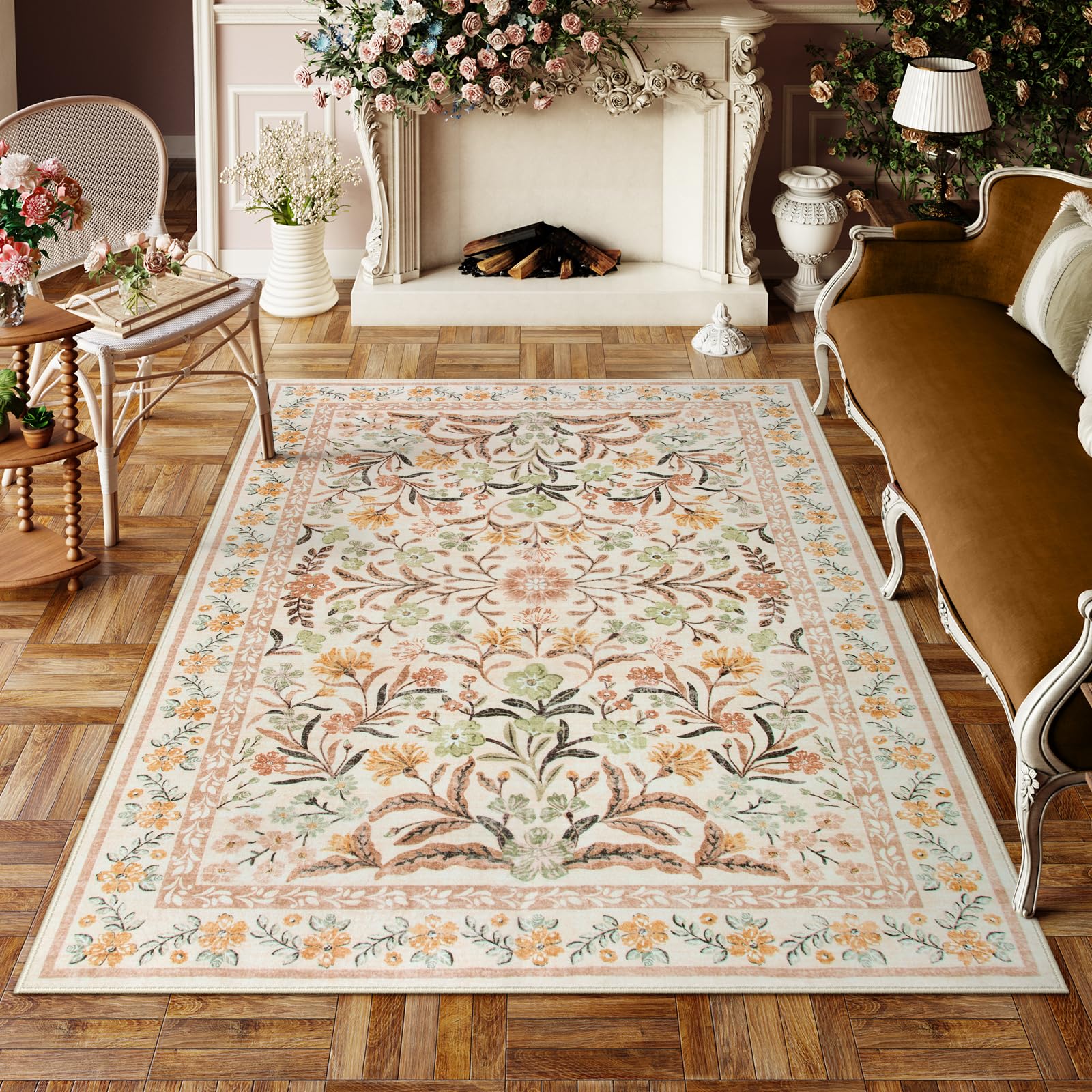 Lahome AR-DYR-189-Y1 5 x 7 (ft) Yellow Oriental Fresh Floral Short Pile Velvet Rectangular Indoor Area Rug