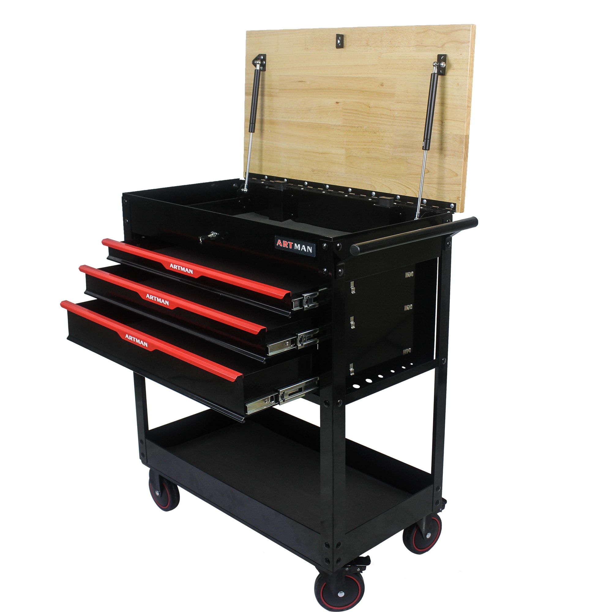LOVMOR 3 Drawer Ball Bearing Slide Tool Cart Lockable Tool Storage Organizer Metal with Wheels Black and Red Heavy Duty Rolling #SF-W-W110290503