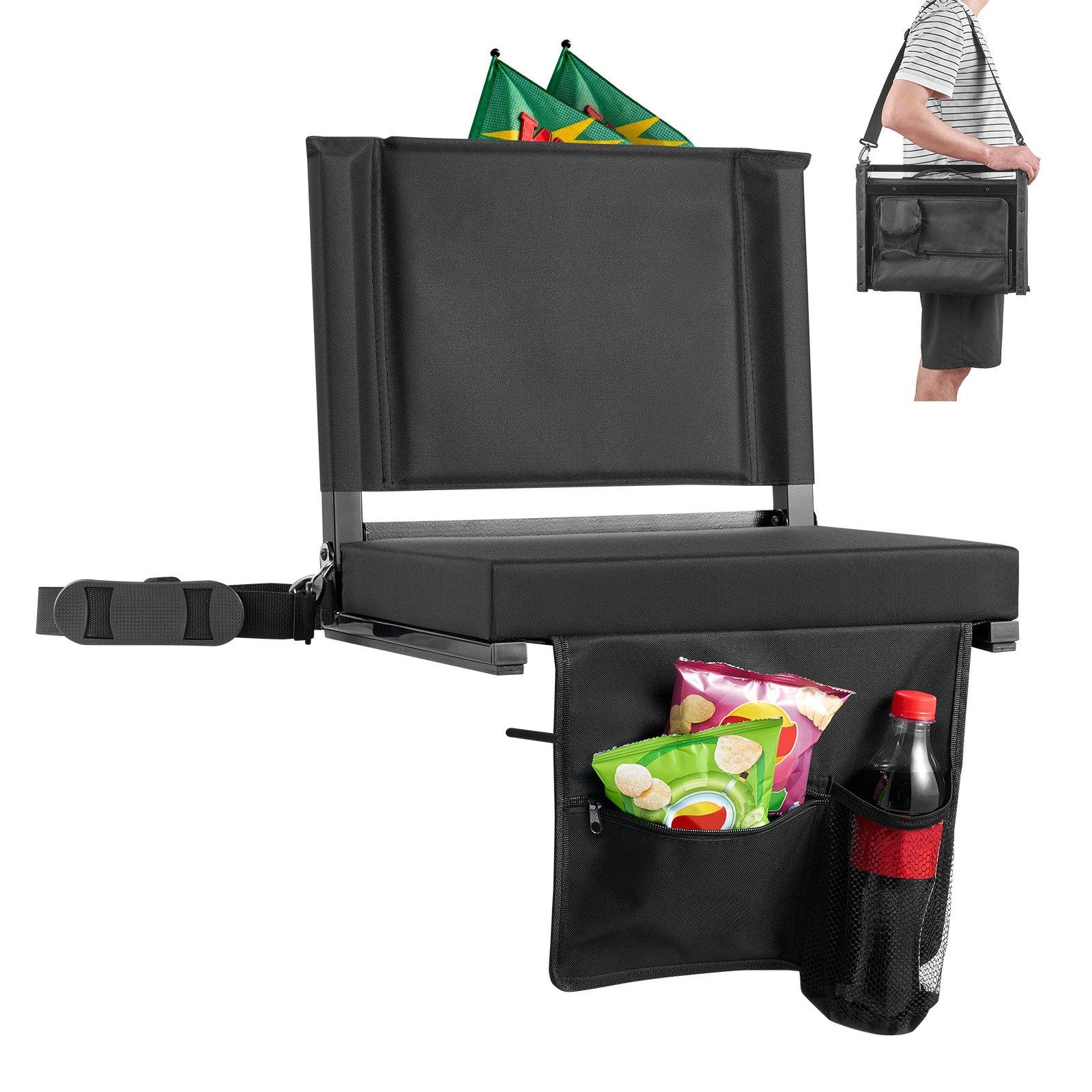 Mecale 17-in Folding Stadium Bleacher Seat Padded Back Support with Cup Holder and Side Pocket Black