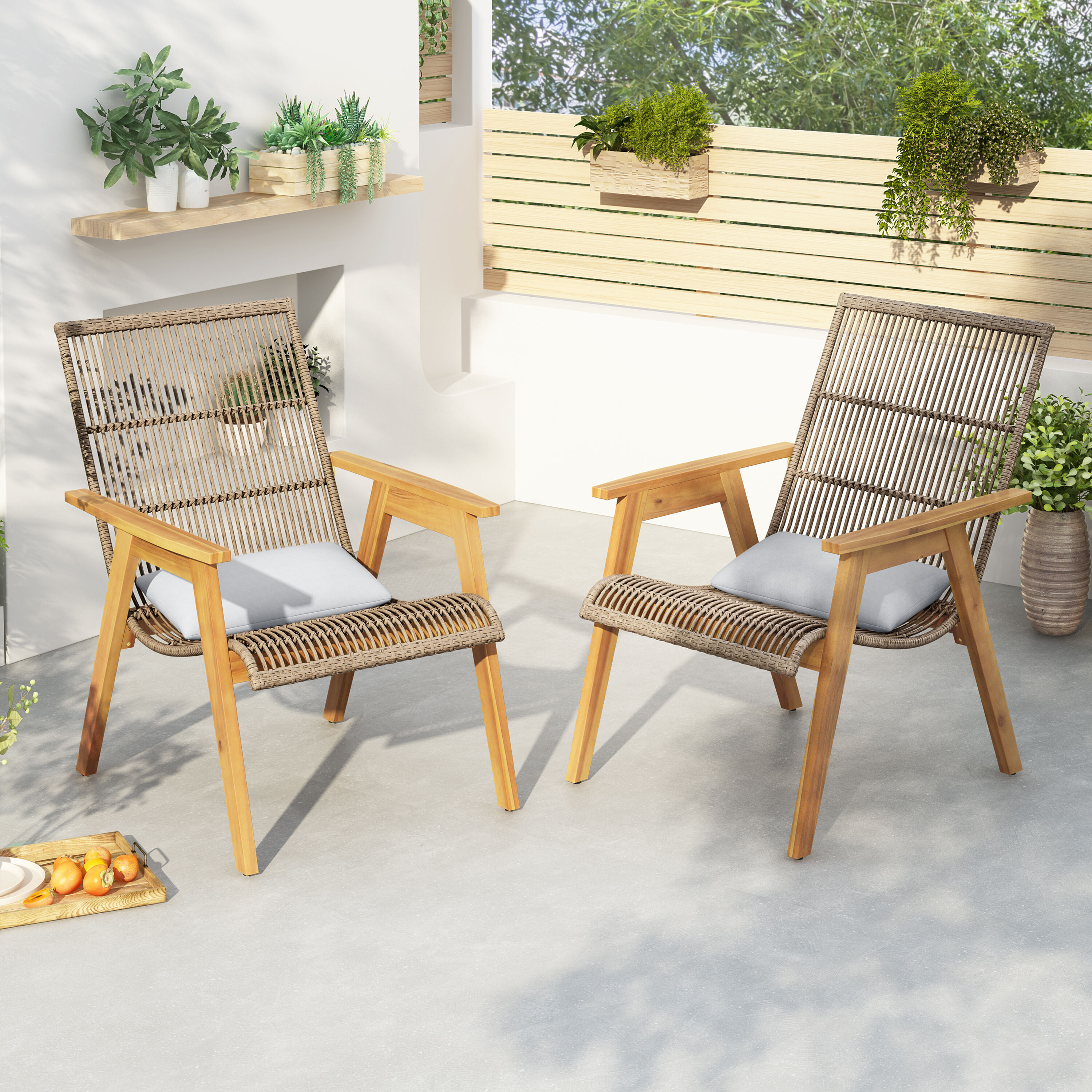 Christopher Knight Home 319555 Avani  Outdoor Acacia Wood and Wicker Club Chair with Arms  Set of 2-Teak Finish + Mix Brown wicker + Light Grey cushion