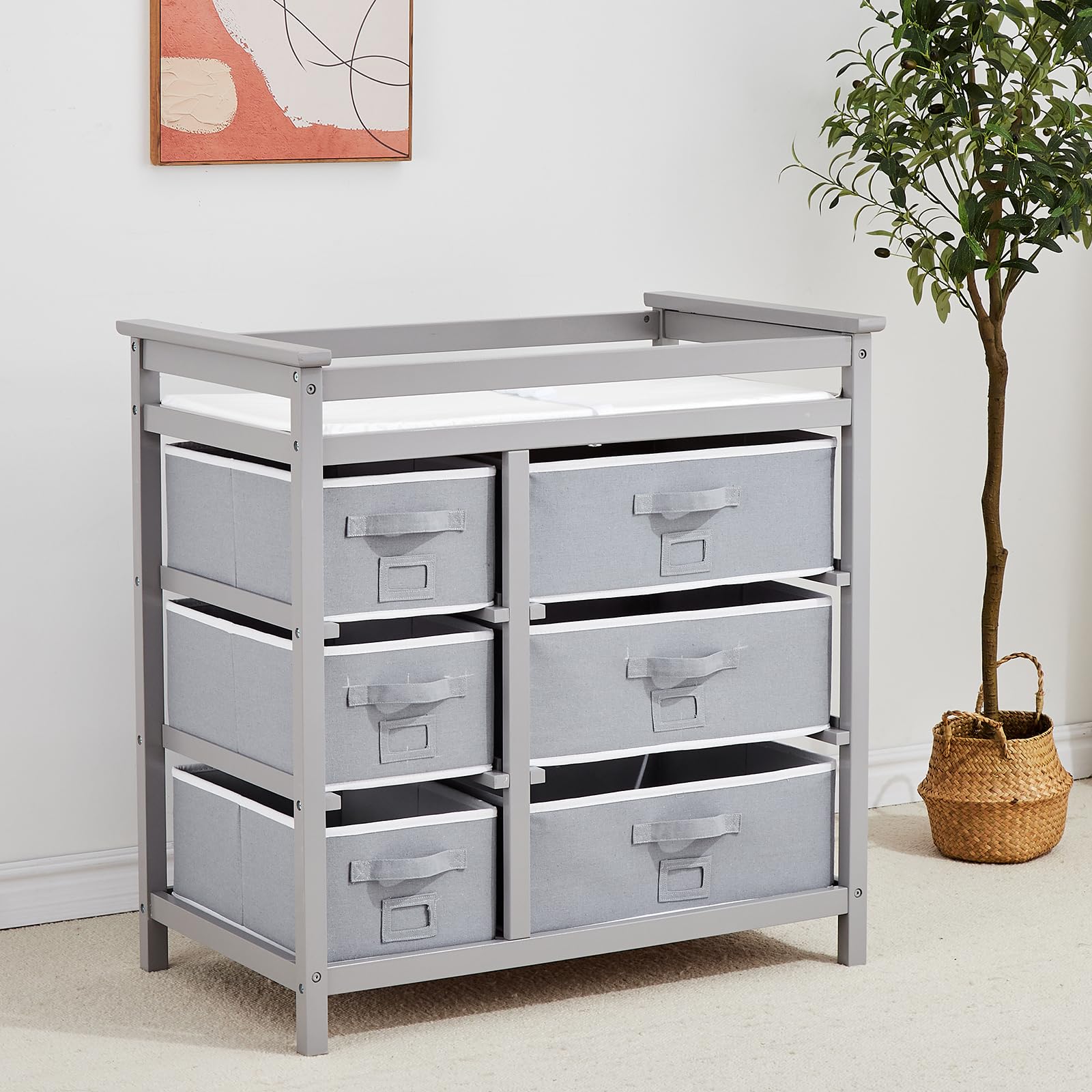 Garvee Wood Changing Table with 6 Storage Baskets and Waterproof Pad Baby Diaper Changing Station for Nursery