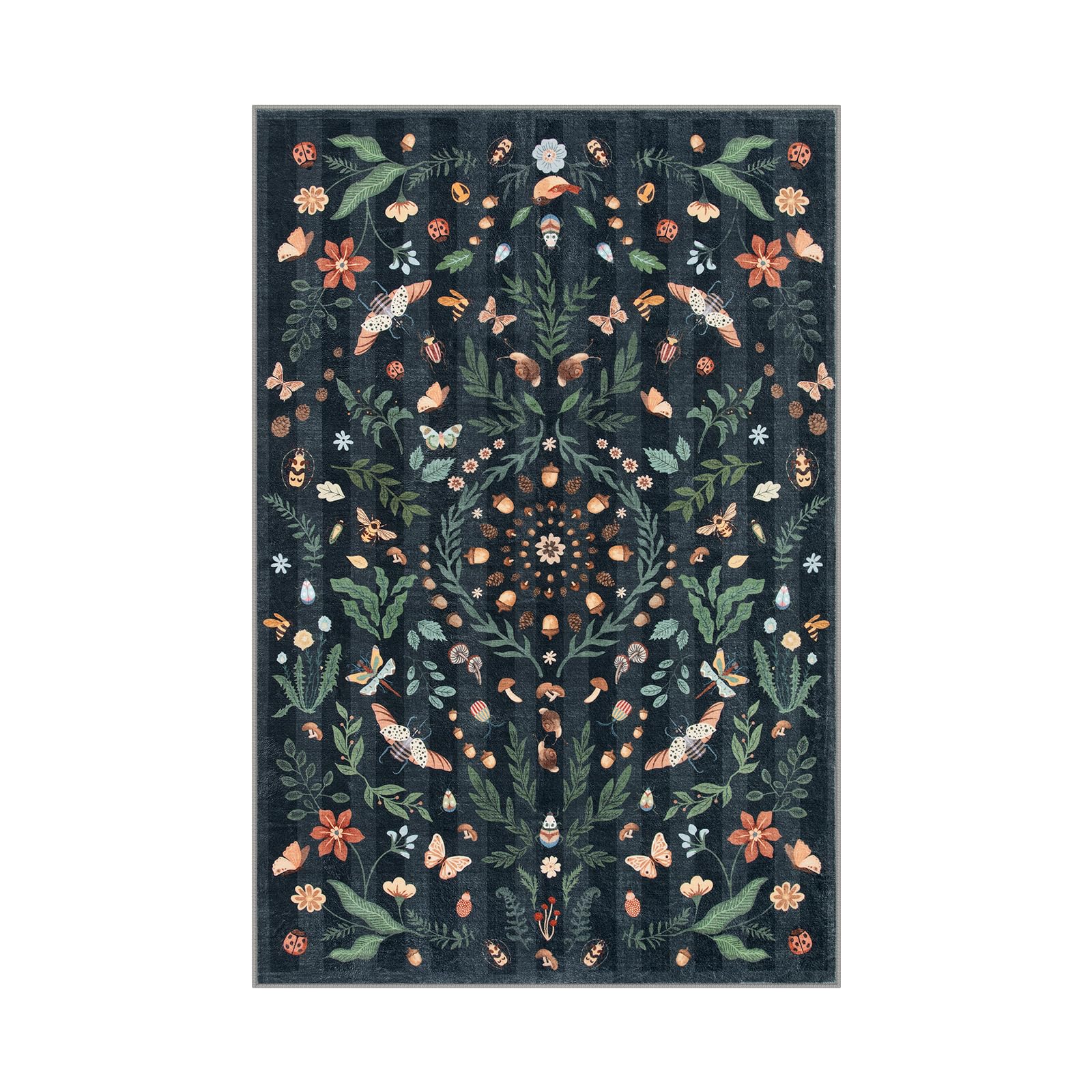 Lahome RR-DYR-035-B3 6 x 9 (ft) Black Insect and Plant Vertical Striped Texture Short Pile Velvet Rectangular Indoor Area Rug