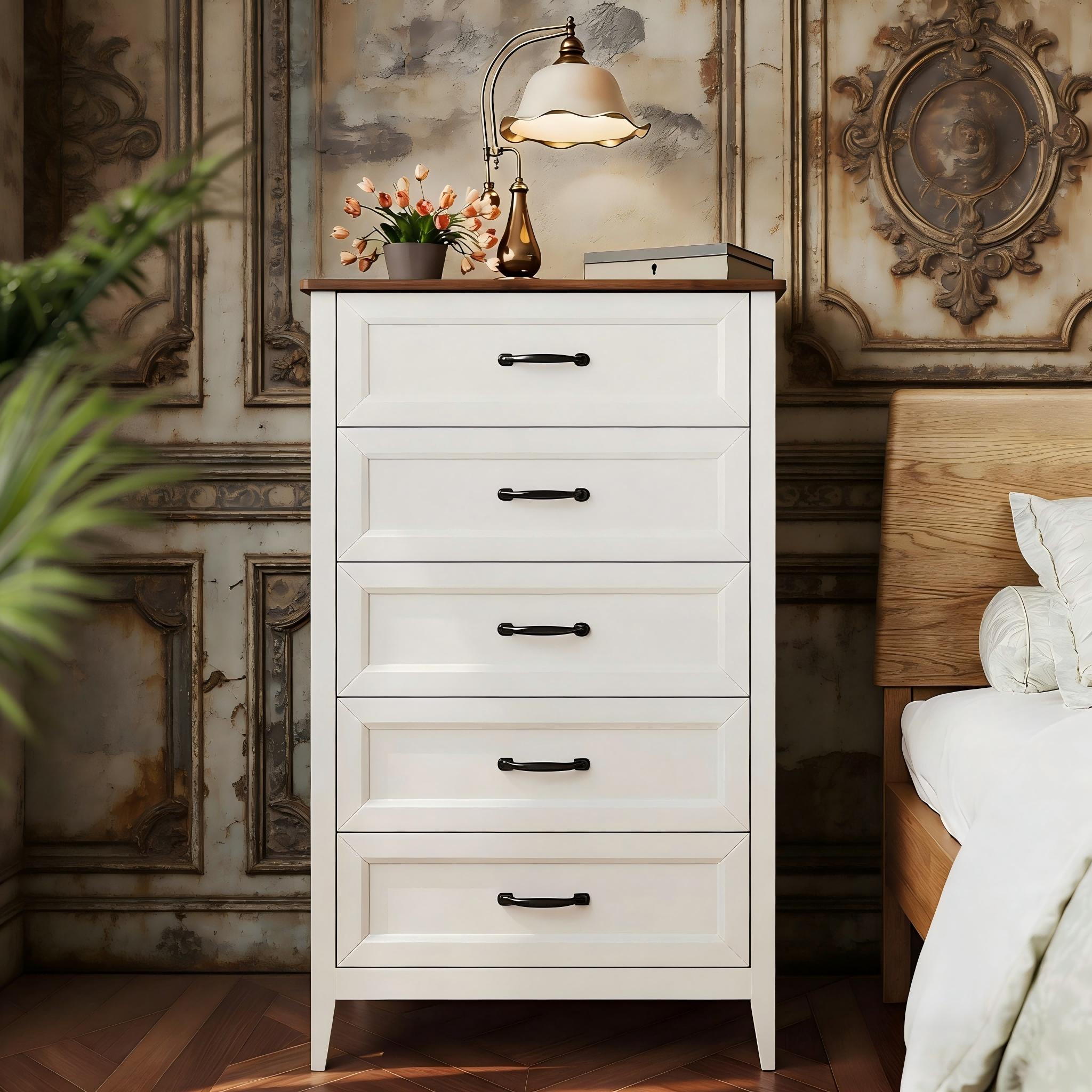 Lofka 5 Drawer Dresser for Bedroom Wood Chest of Drawers Storage Cabinet Smooth Rai Metal Handles Anti-tip Device for Living Room Hallway - Retro Desktop