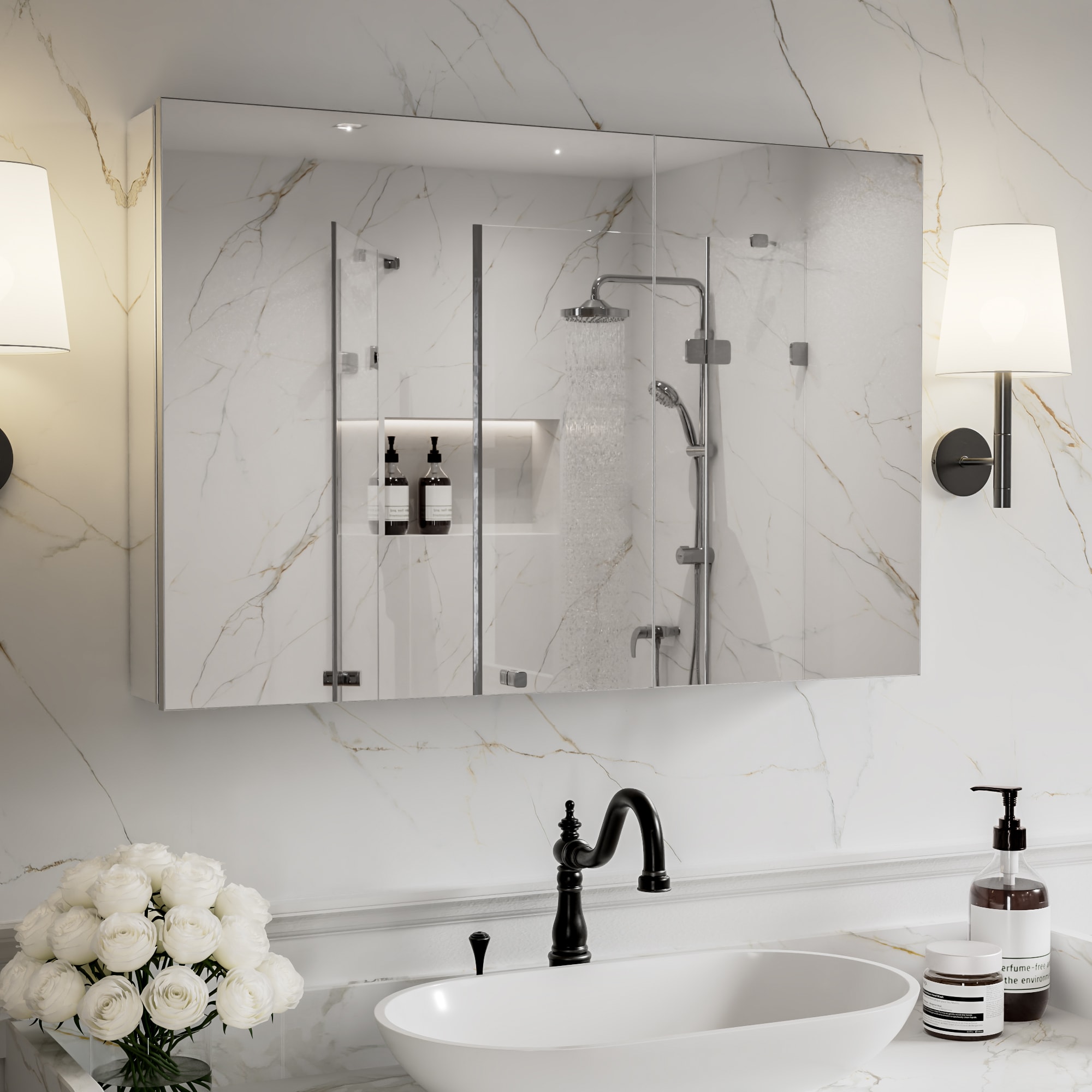 Vanityfus 36-in W 24-in H Bathroom Mirror Cabinet with Adjustable Shelves - Soft-Close
