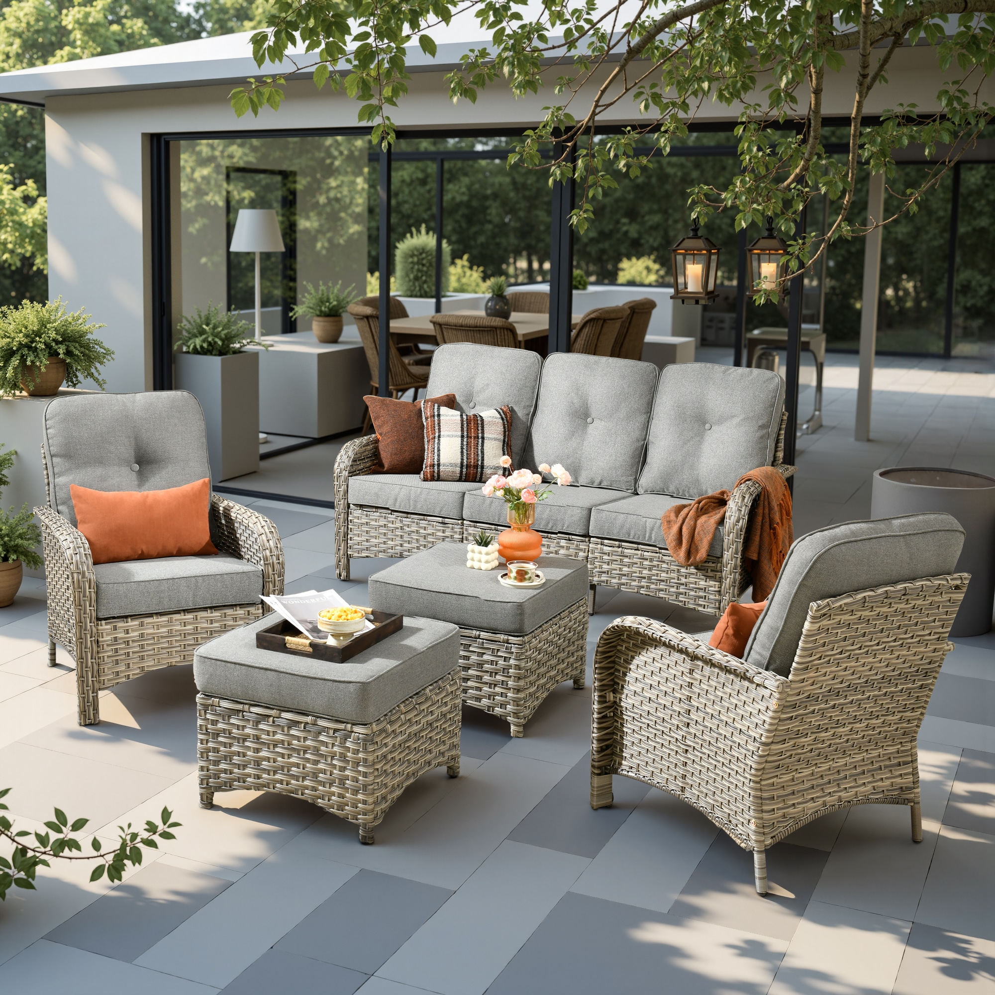 weaxty HMBVNC200S51 Belvoir 5 -Piece Wicker Patio Sofa Conversation Set with Gray Cushions