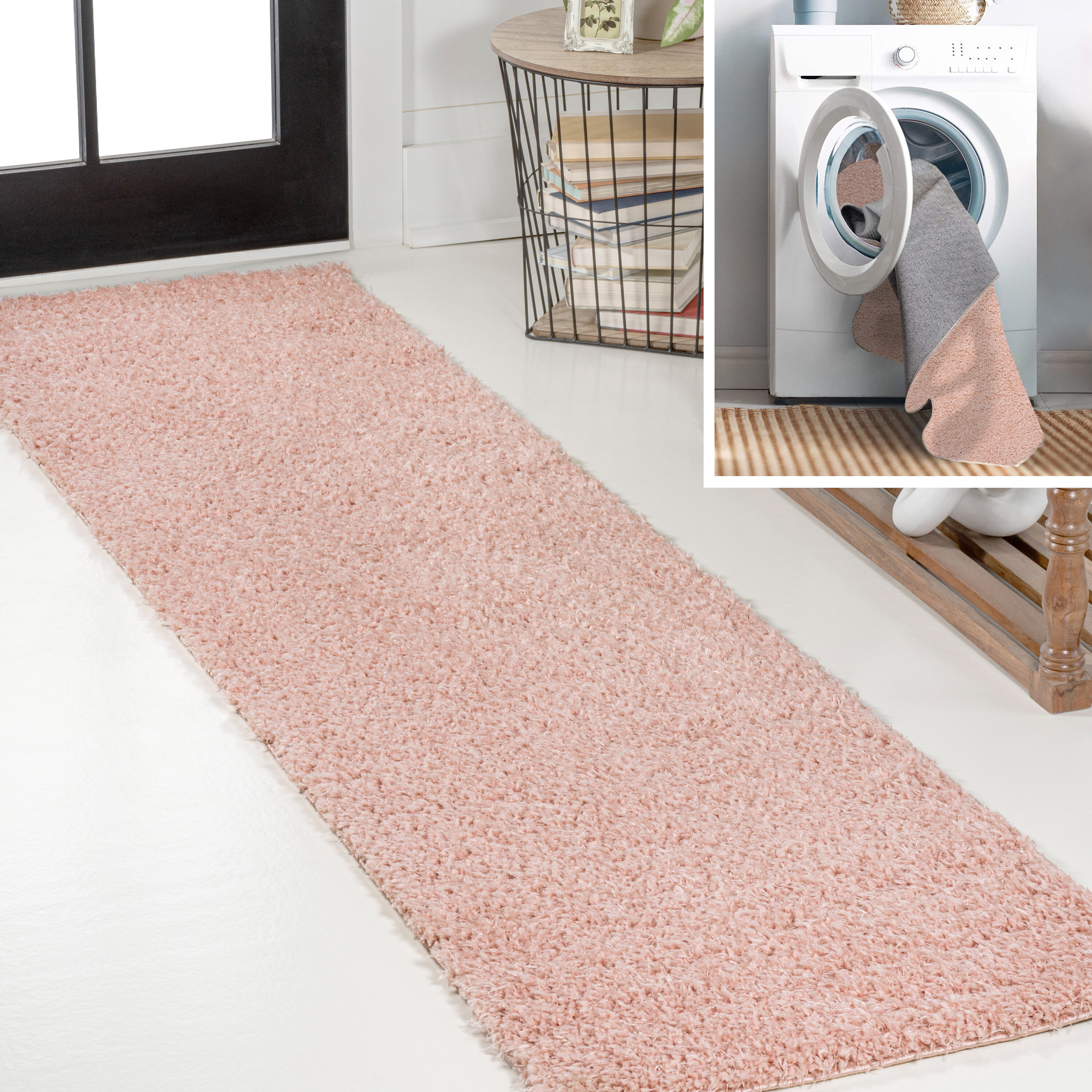 JONATHAN  Y WSH400B-28 WASHABLE Clayton Coastal Solid Glam Shag 2 x 8 (ft) Loomed Polyester Pink Rectangular Indoor Solid Coastal Machine washable Runner rug