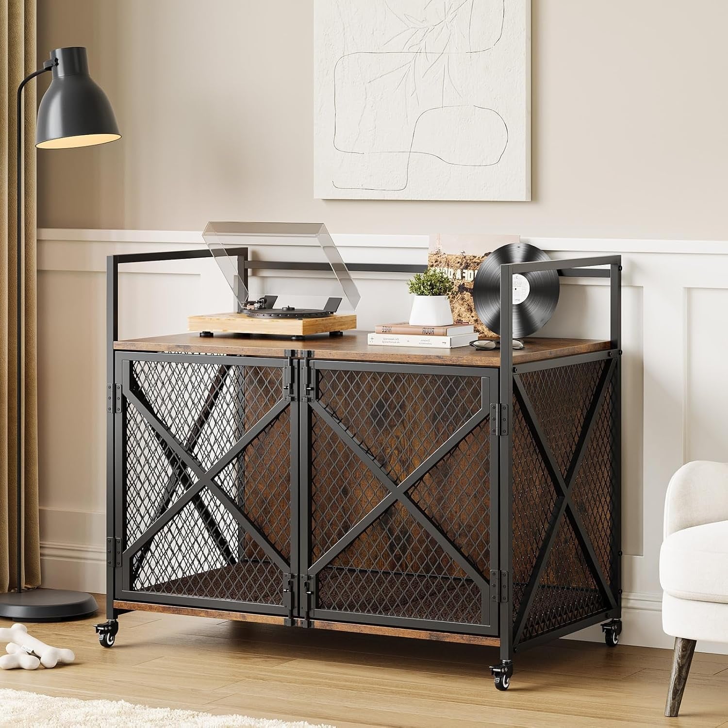 GAOMON Wood Metal Combination Workstation Dog Crate Multi Purpose Furniture Style Indoor Pet Kennel Storage Table