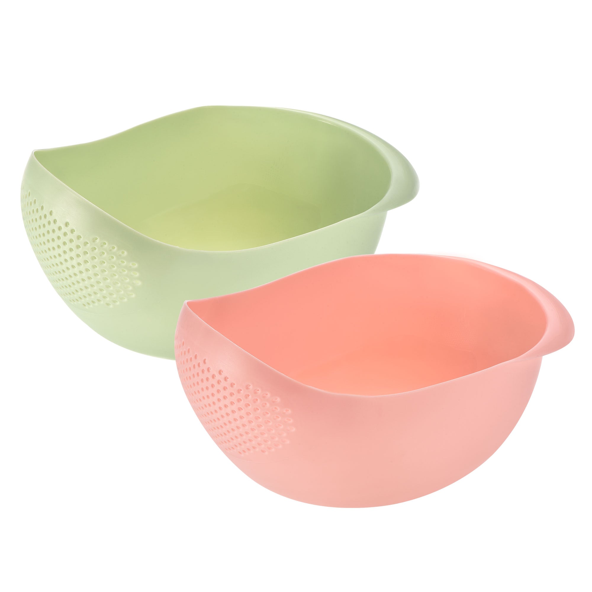 2pcs Rice Strainer Bowl with Handle Rice Washing Bowl Rice Washing Filter Strainer Basket Colanders for Cleaning Vegetable Fruit-Green+Pink
