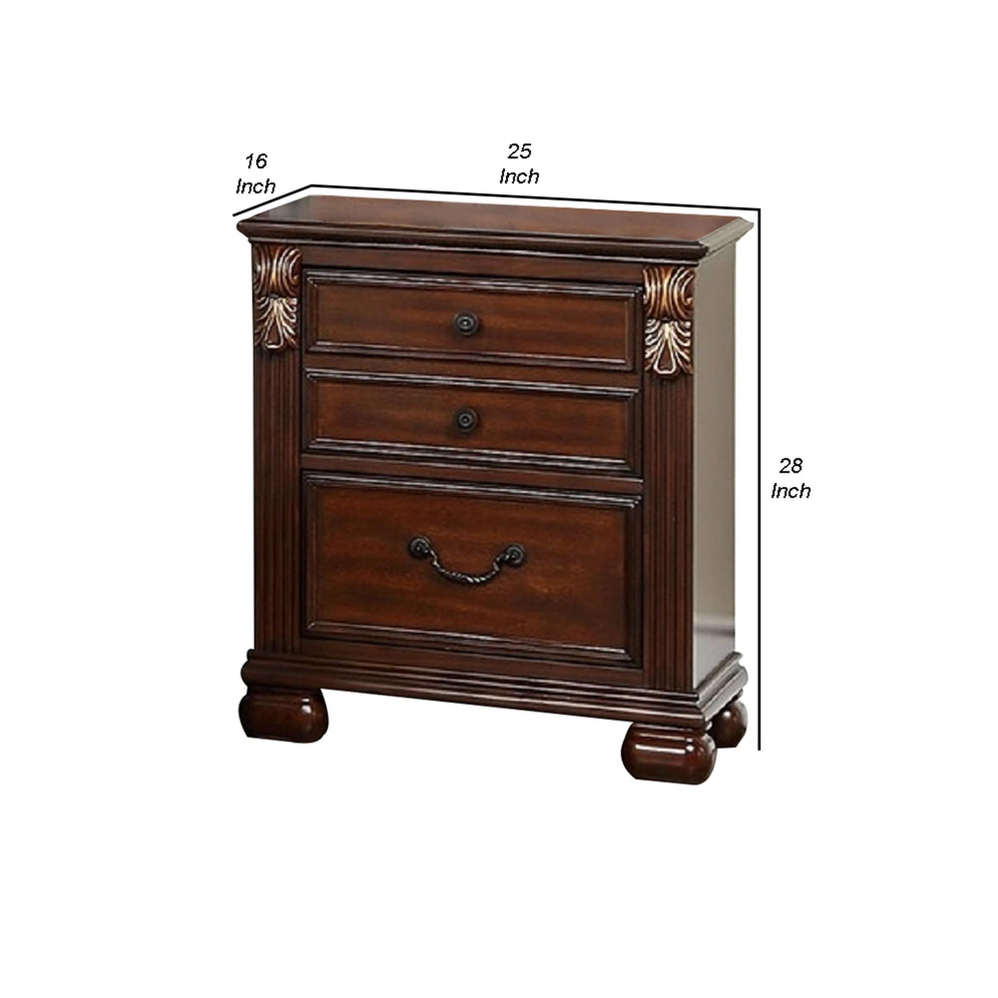 Miri 25 Inch 3 Drawer Nightstand with Brass Accents in Cherry Oak Brown