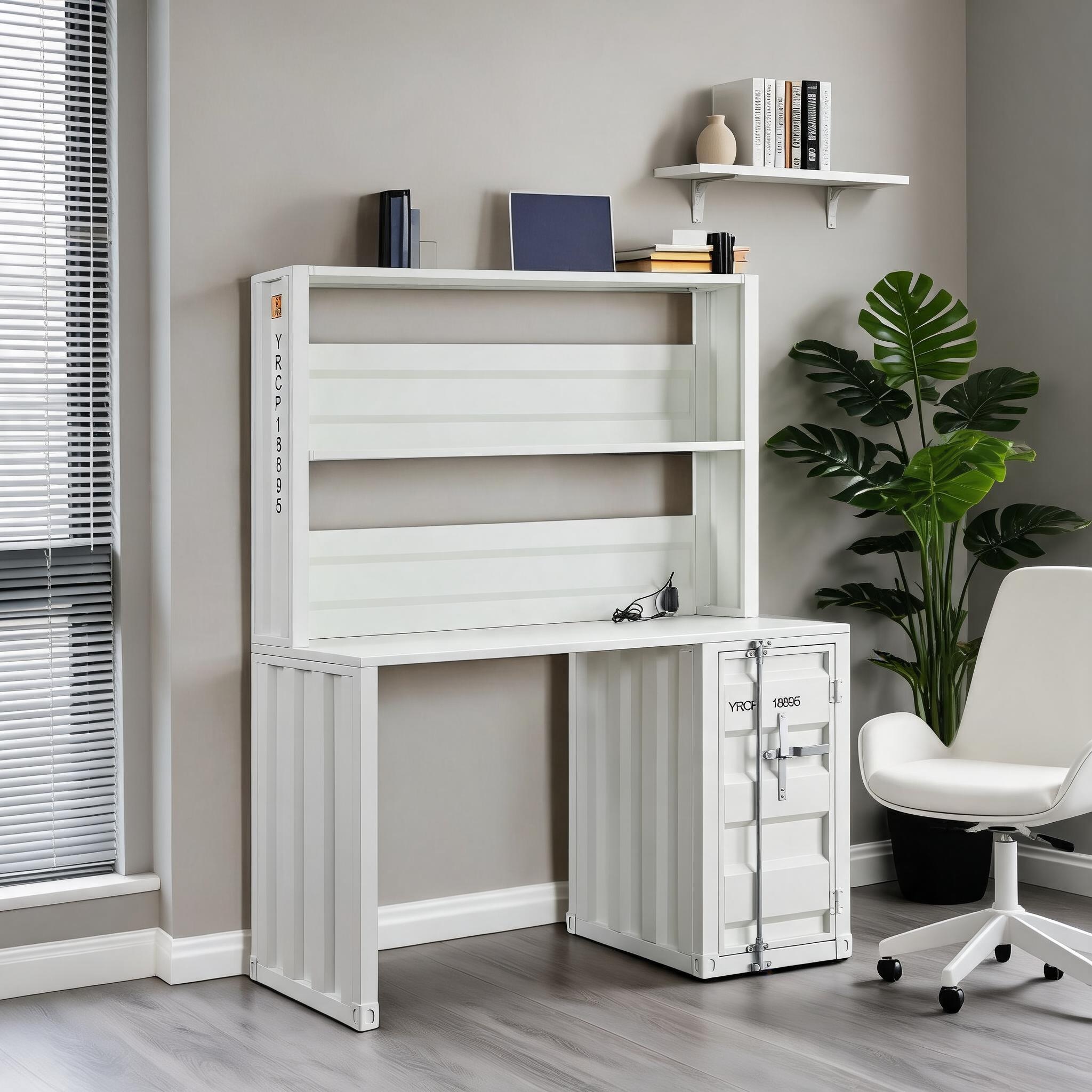 Watnature Crisp White Metal Writing Desk With Hutch Rectangular Work ...