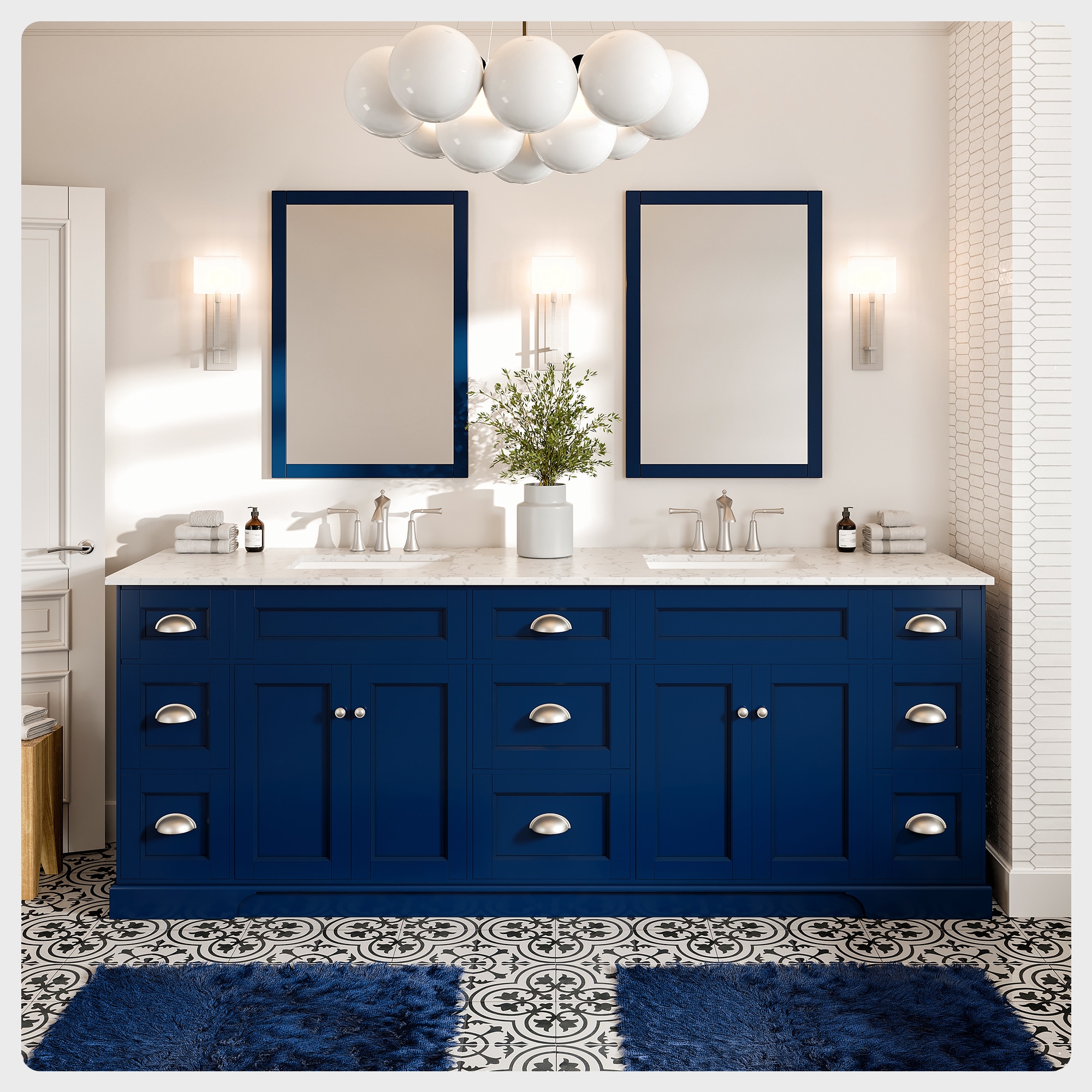 Eviva EVVN666-84BLU Epic 84-in Blue Undermount Double sink Bathroom Vanity with White Quartz Top