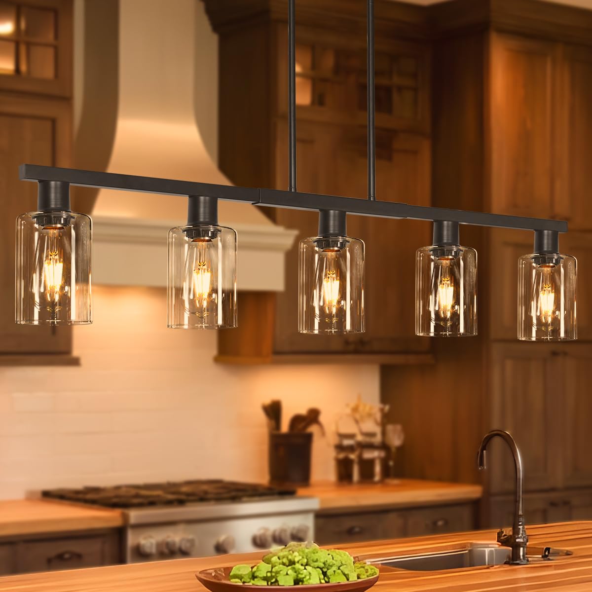 Vrbgify  5 Light Kitchen Island Lighting Fixture Black Linear Pendant with Clear Glass Shade Adjustable Height for Dining Room Table Bar Pool