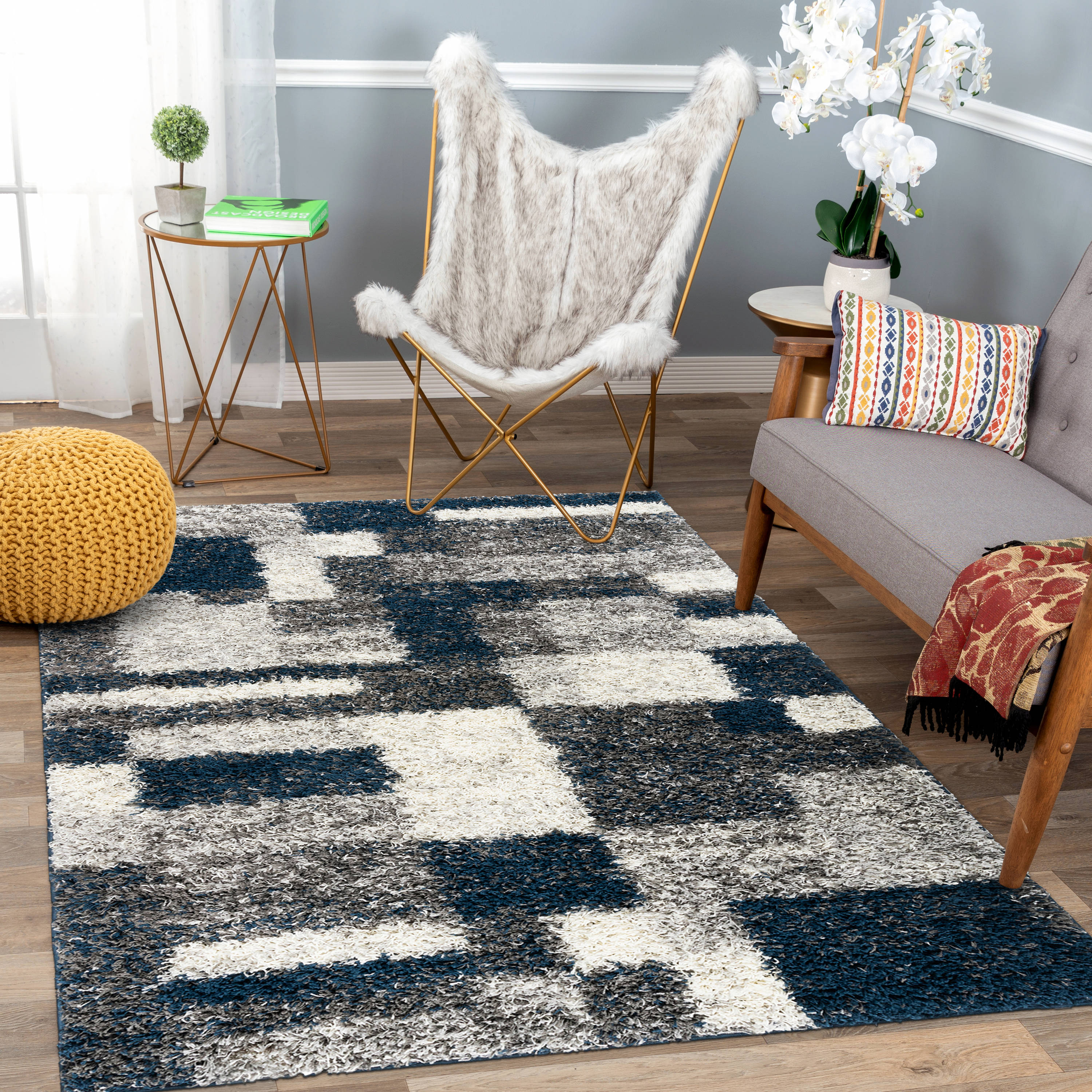 Navy and Gray Rectangular Synthetic Shag Area Rug 7'10" x 10'
