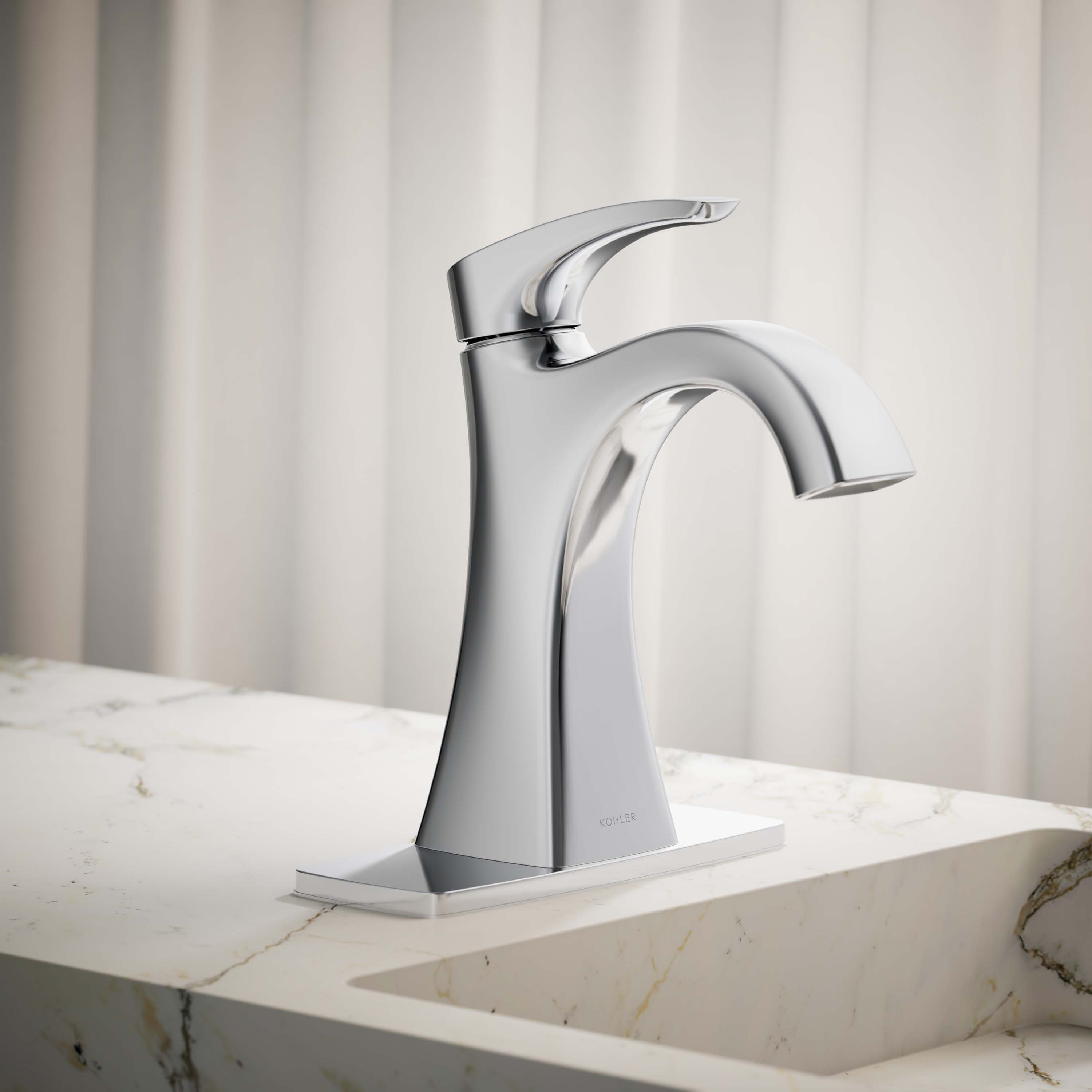 KOHLER R22475-4D-CP Maxton Polished Chrome 4-in centerset 1-handle WaterSense Mid-arc Residential Handle Bathroom Sink Faucet with Drain with Deck Plate