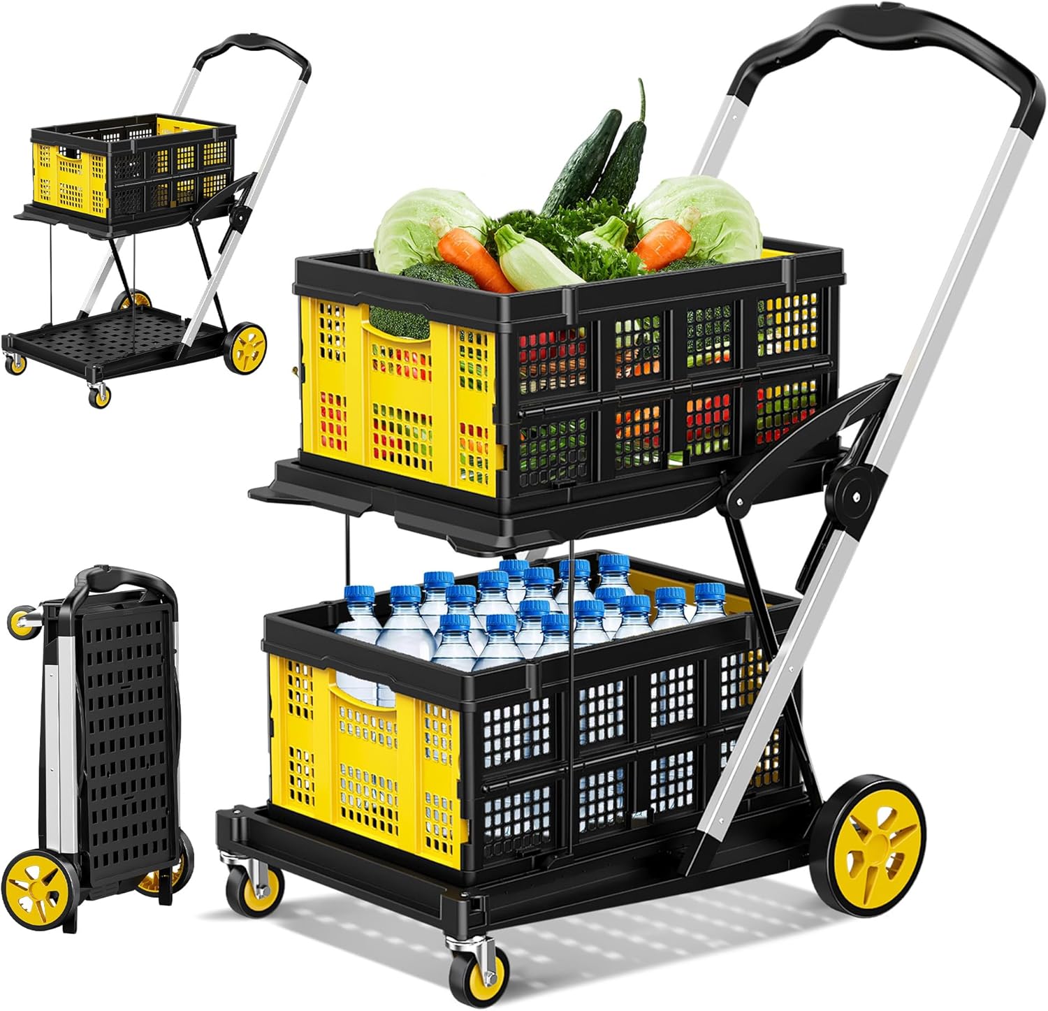 BSMTEK  Double Basket Collapsible Shopping Cart with Wheels Yellow