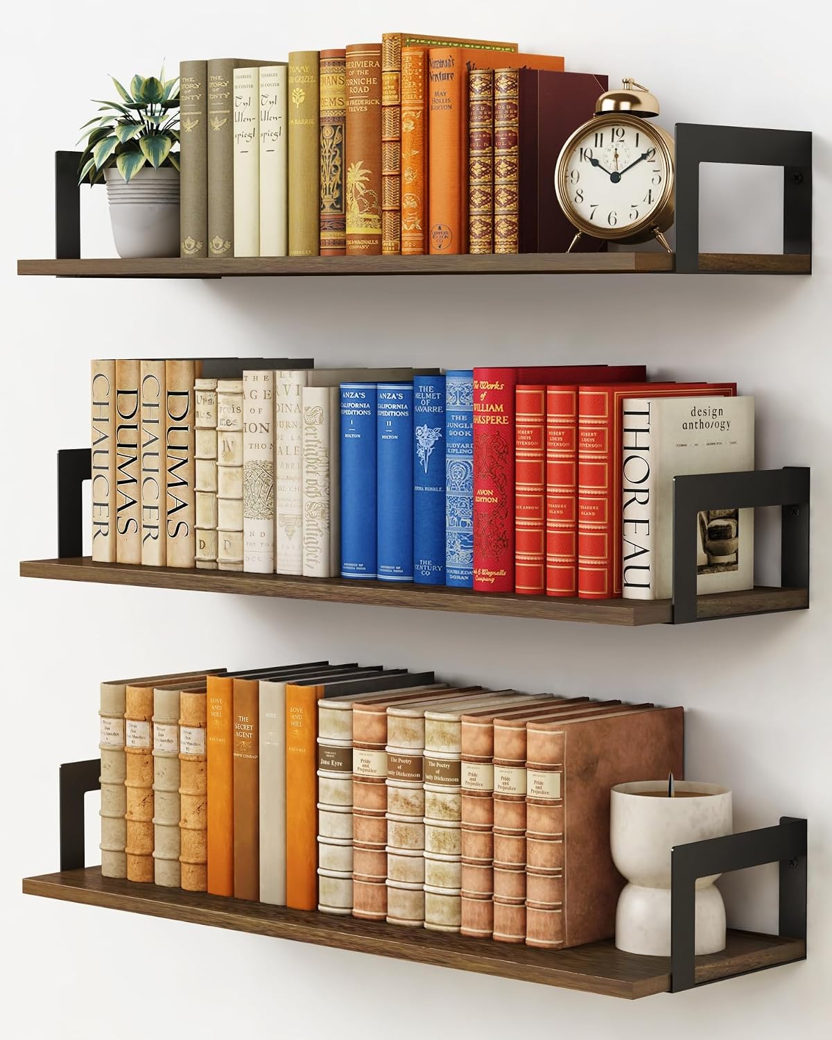 SPACELEAD 24 Inch Floating Wall Shelves 3-Pack 8 Inch Deep Rustic Wood Wall Mounted Bookshelves for Bedroom Living Room or Office