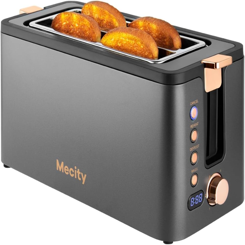Mecity T-42AUB-GREY & GOLD 4 Slice Long Slot Toaster Stainless Steel 1300W 6 Browning Settings with Warming Rack and Removable Crumb Tray