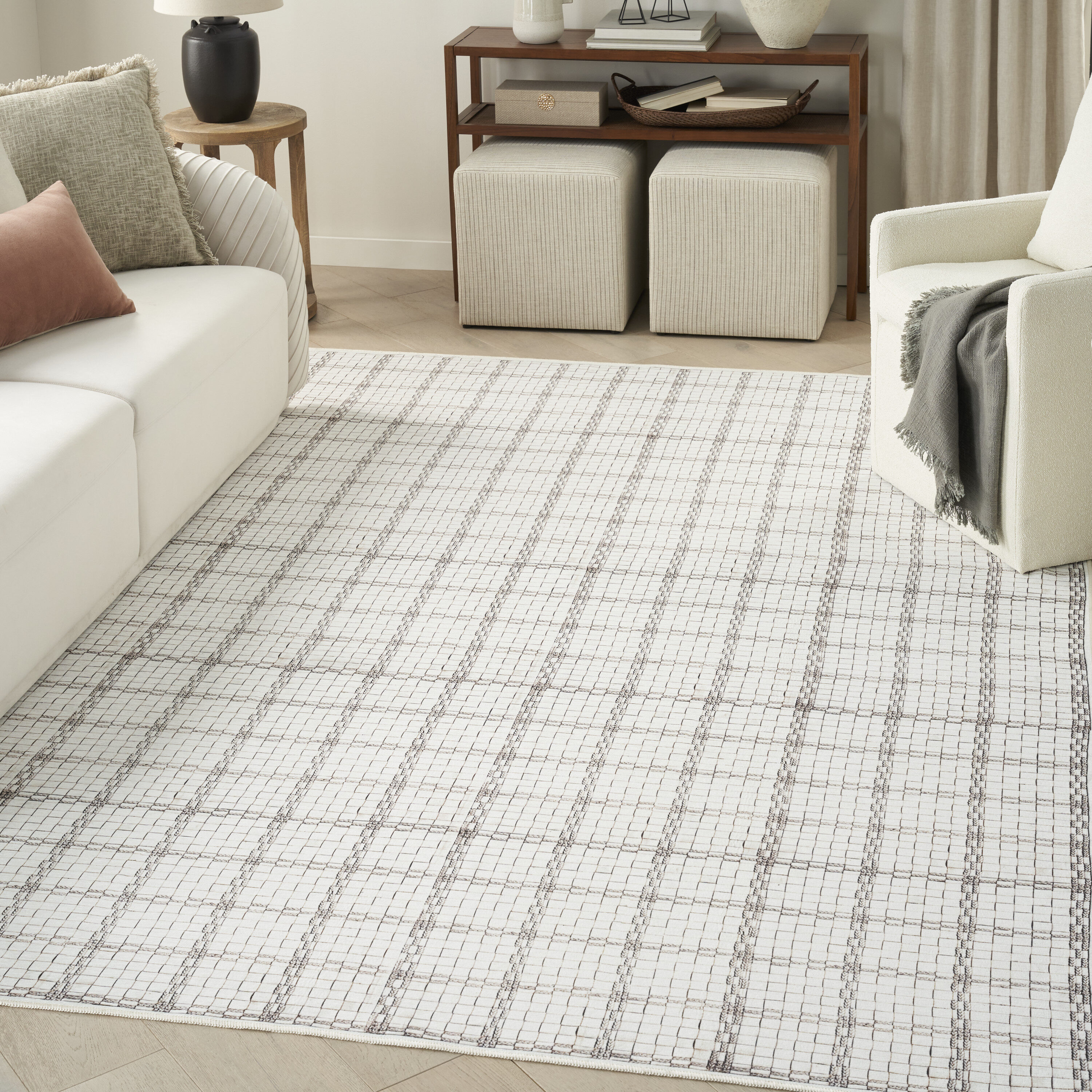 Nourison 099446912923 Washables 8 x 10 (ft) Loomed Polyester Ivory Rectangular Indoor Geometric Machine washable Area rug