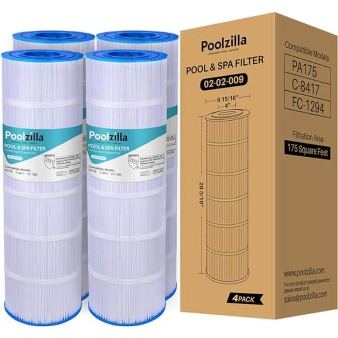 Poolzilla 02-02-009-4PK 4 Pack Replacement Pool Filter Cartridge Compatible with PLF175A Filbur FC 1294 Hayward C1750 CX1750RE PA175 Unicel C 8417 PCCF 175 25230 0175S 817 0175P PXC 175